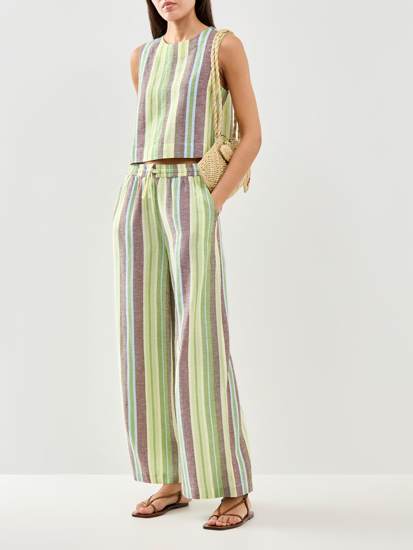 Stripe Linen Blend Wide Leg Trousers Green