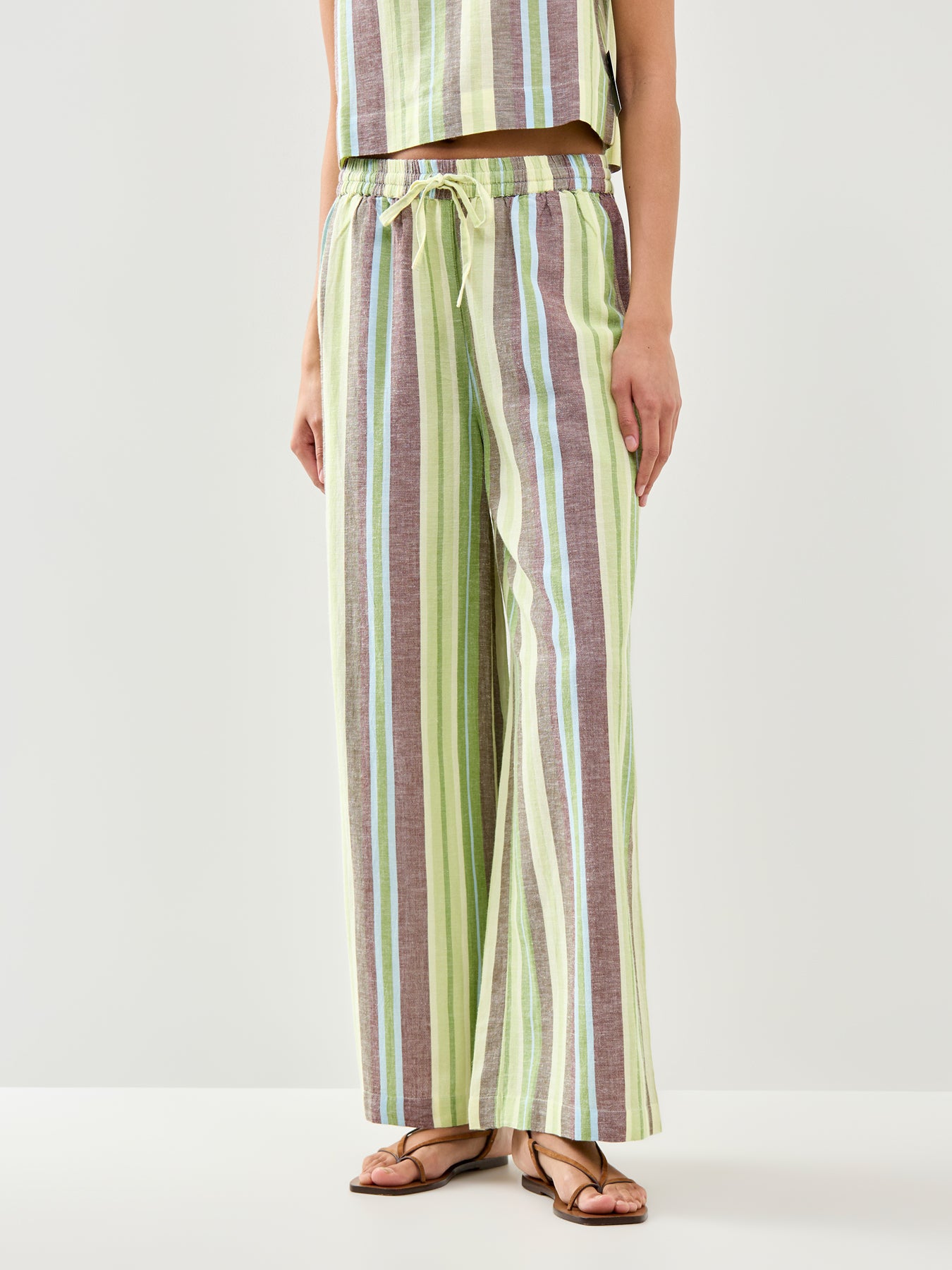 Stripe Linen Blend Wide Leg Trousers Green