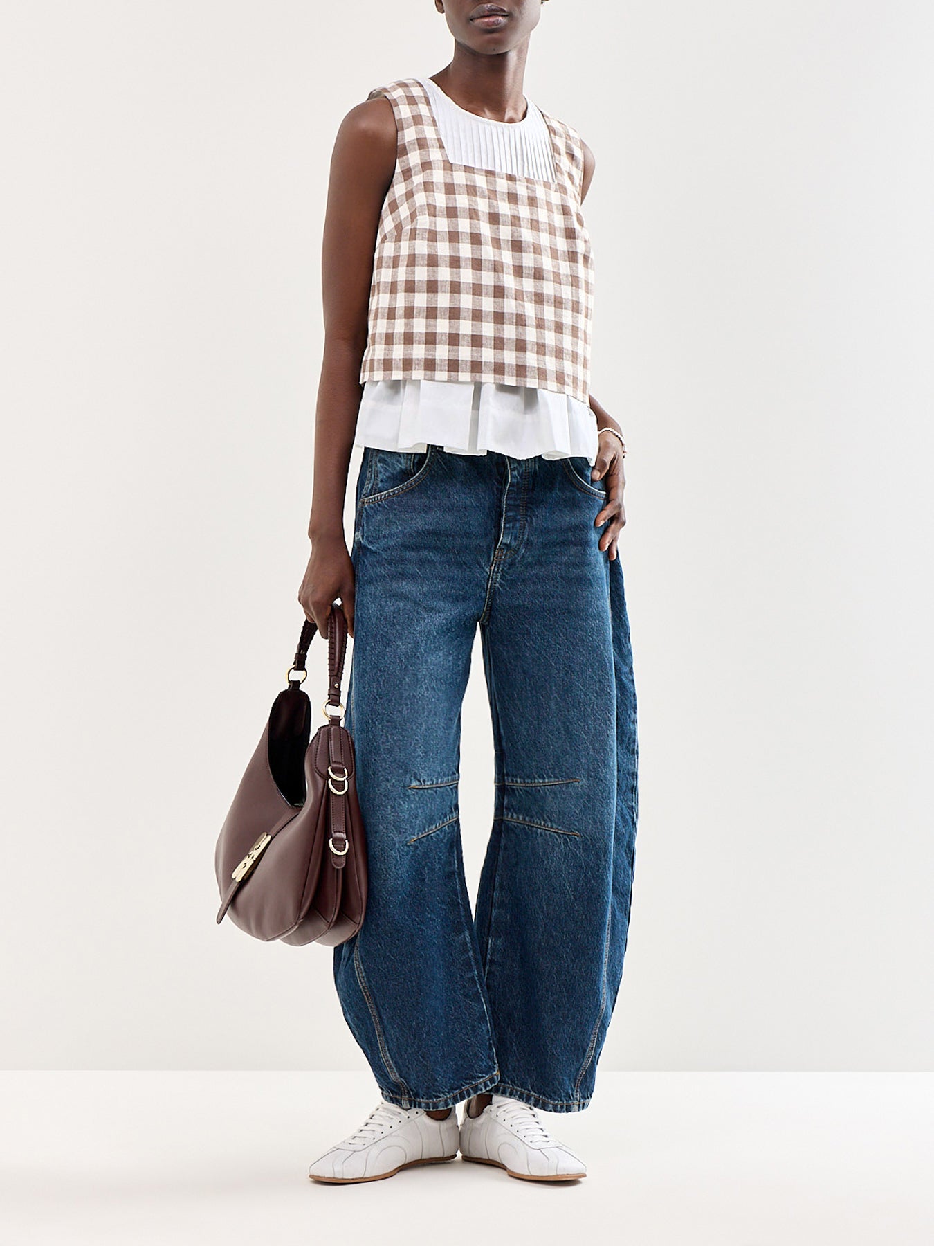 Gingham Square Neck Shell Top Brown