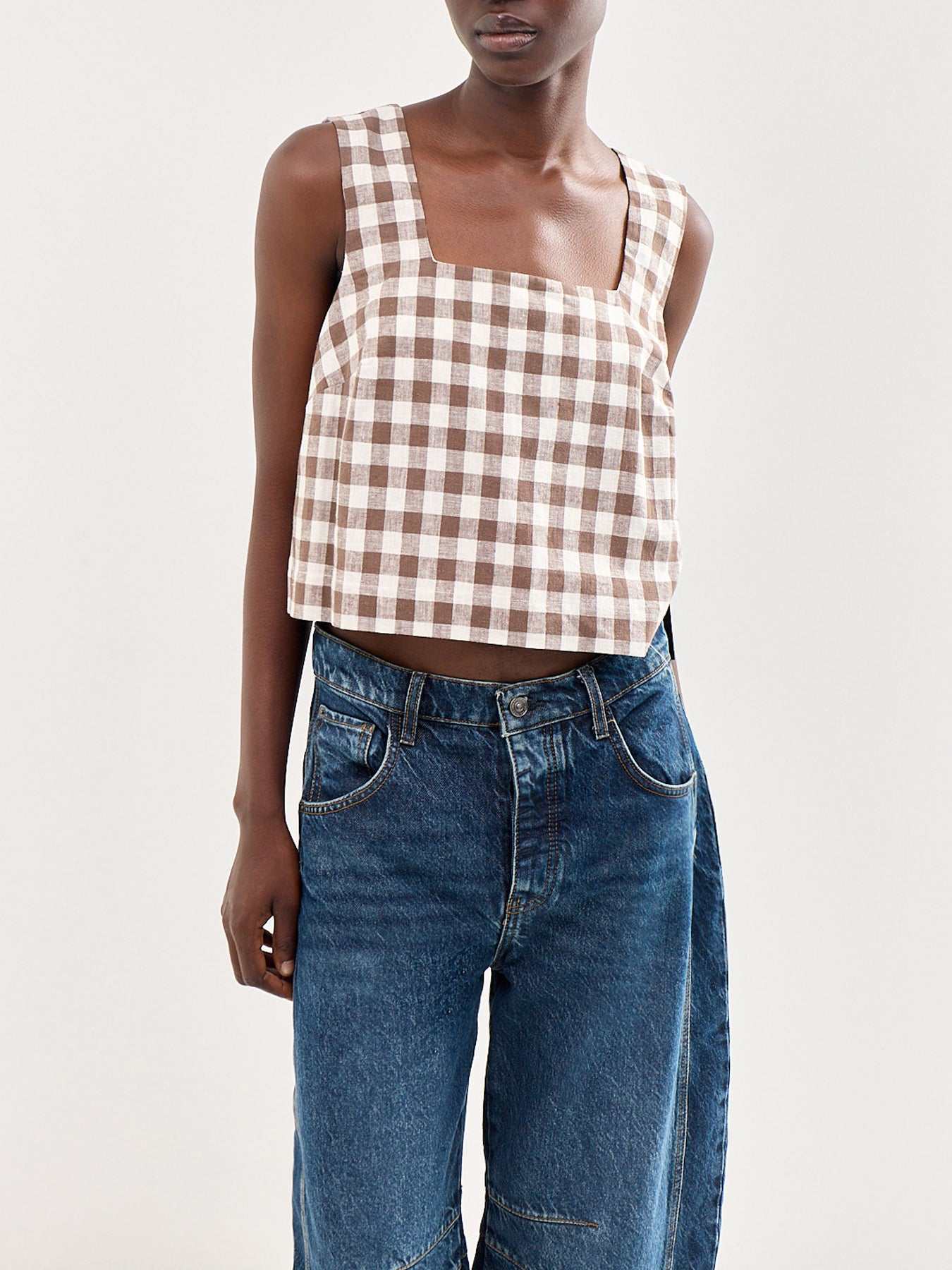 Gingham Square Neck Shell Top Brown