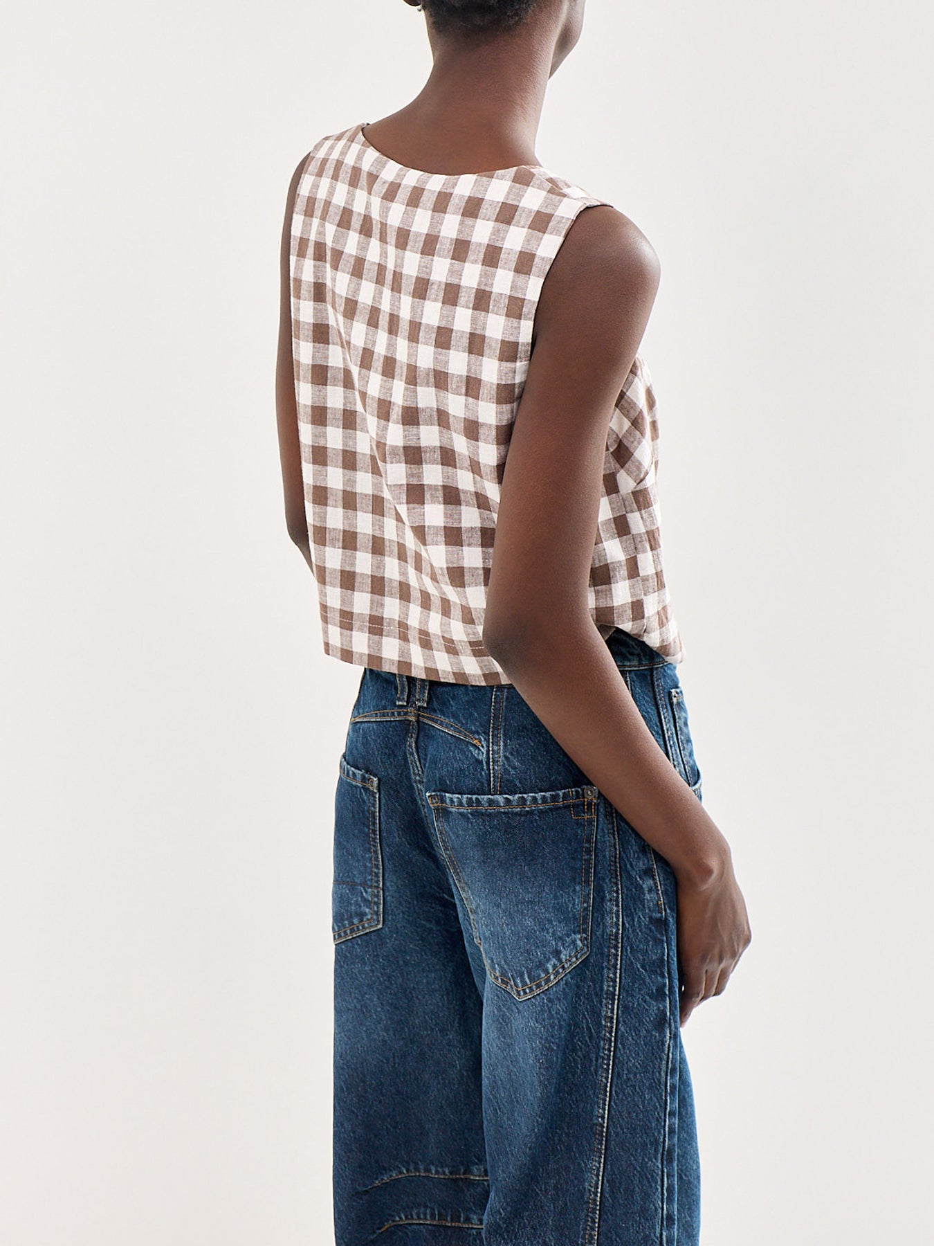 Gingham Square Neck Shell Top Brown