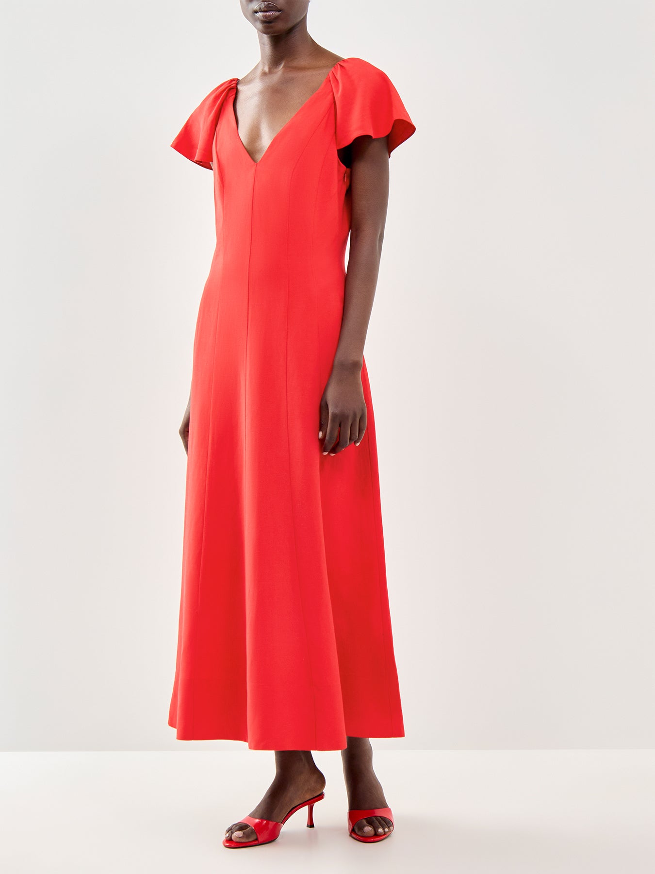Red Flutter Sleeve Linen Blend Dress Red