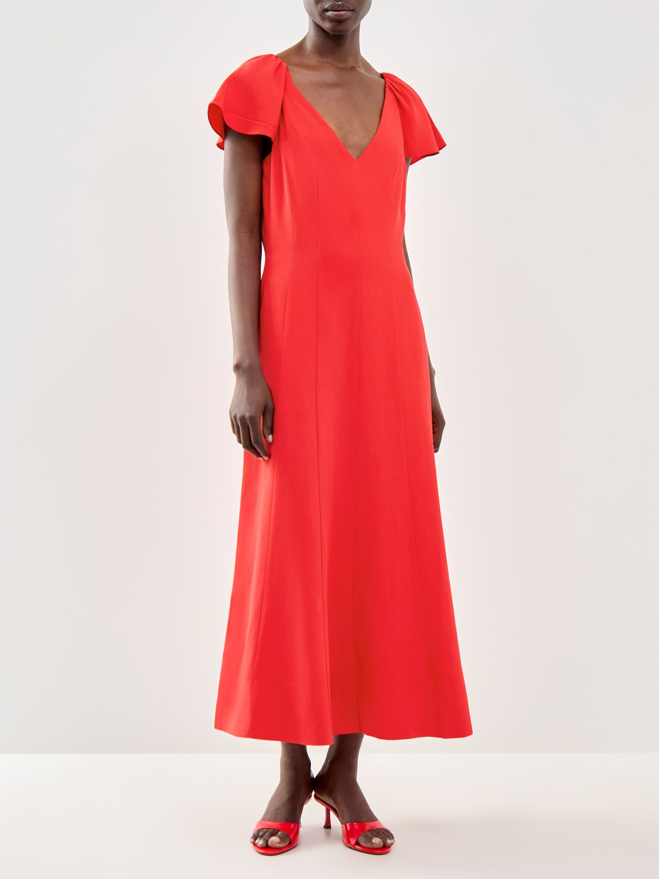 Red Flutter Sleeve Linen Blend Dress Red