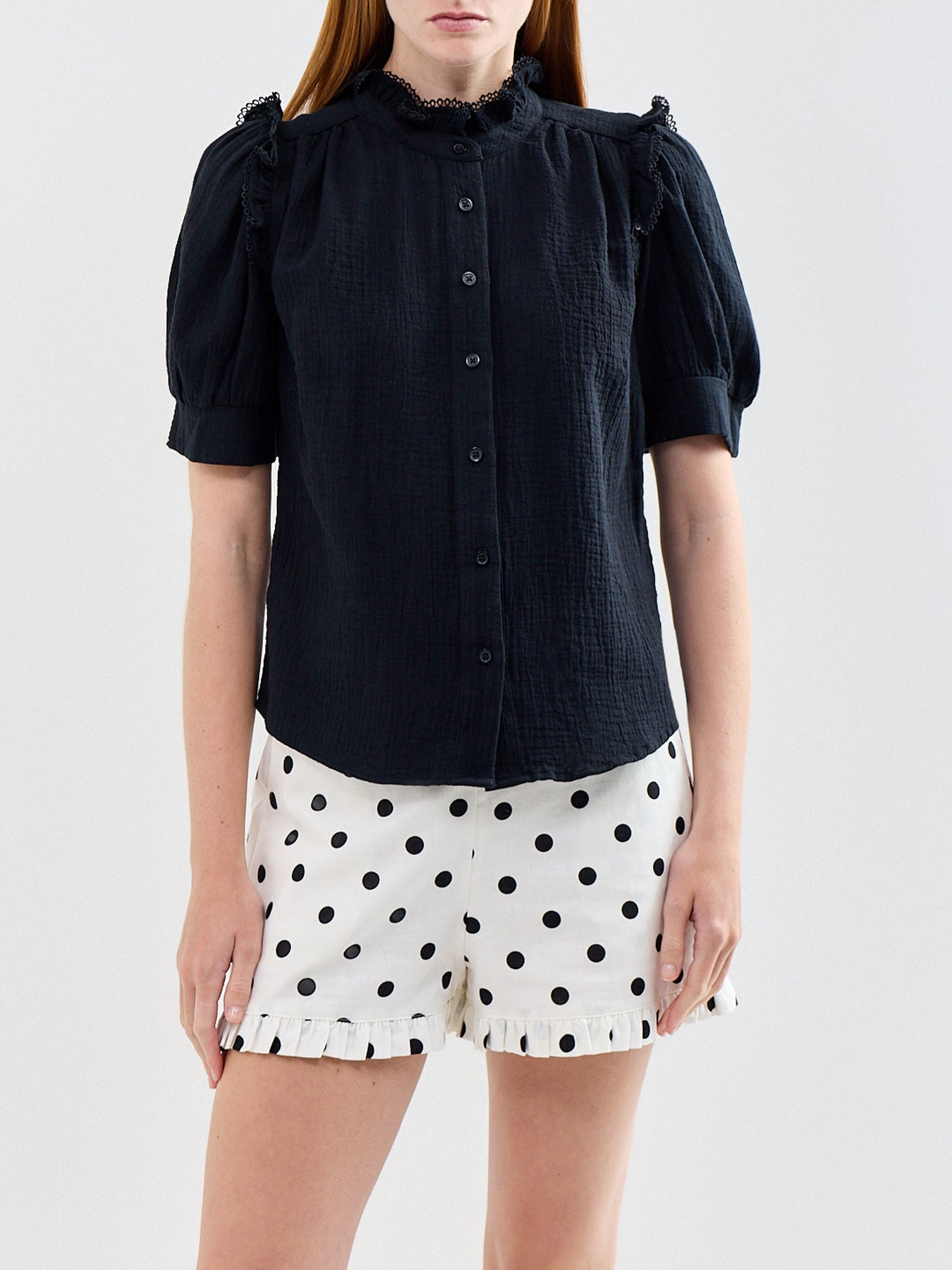 Cheeseloth Frill Short Sleeve Shirt Black