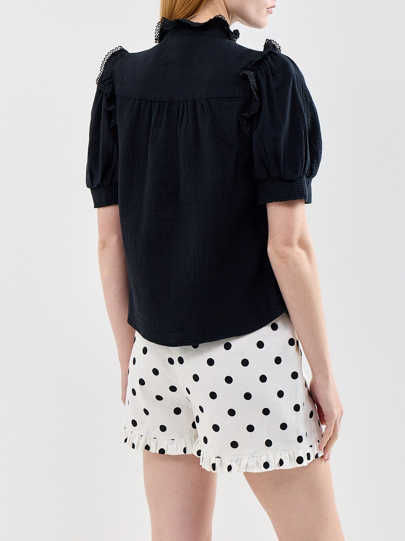 Cheeseloth Frill Short Sleeve Shirt Black
