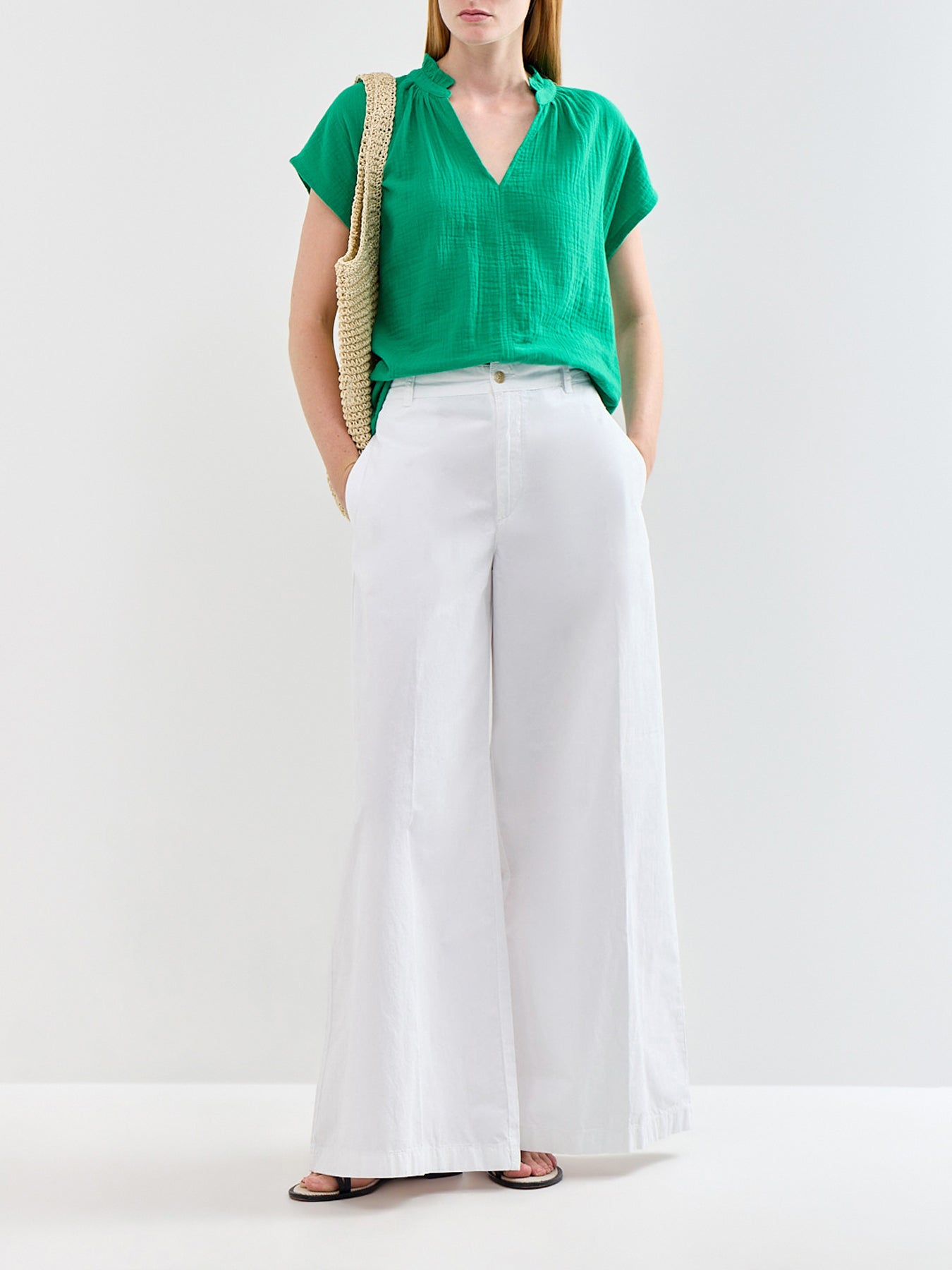 Green Frill Neck Cheesecloth Top Green