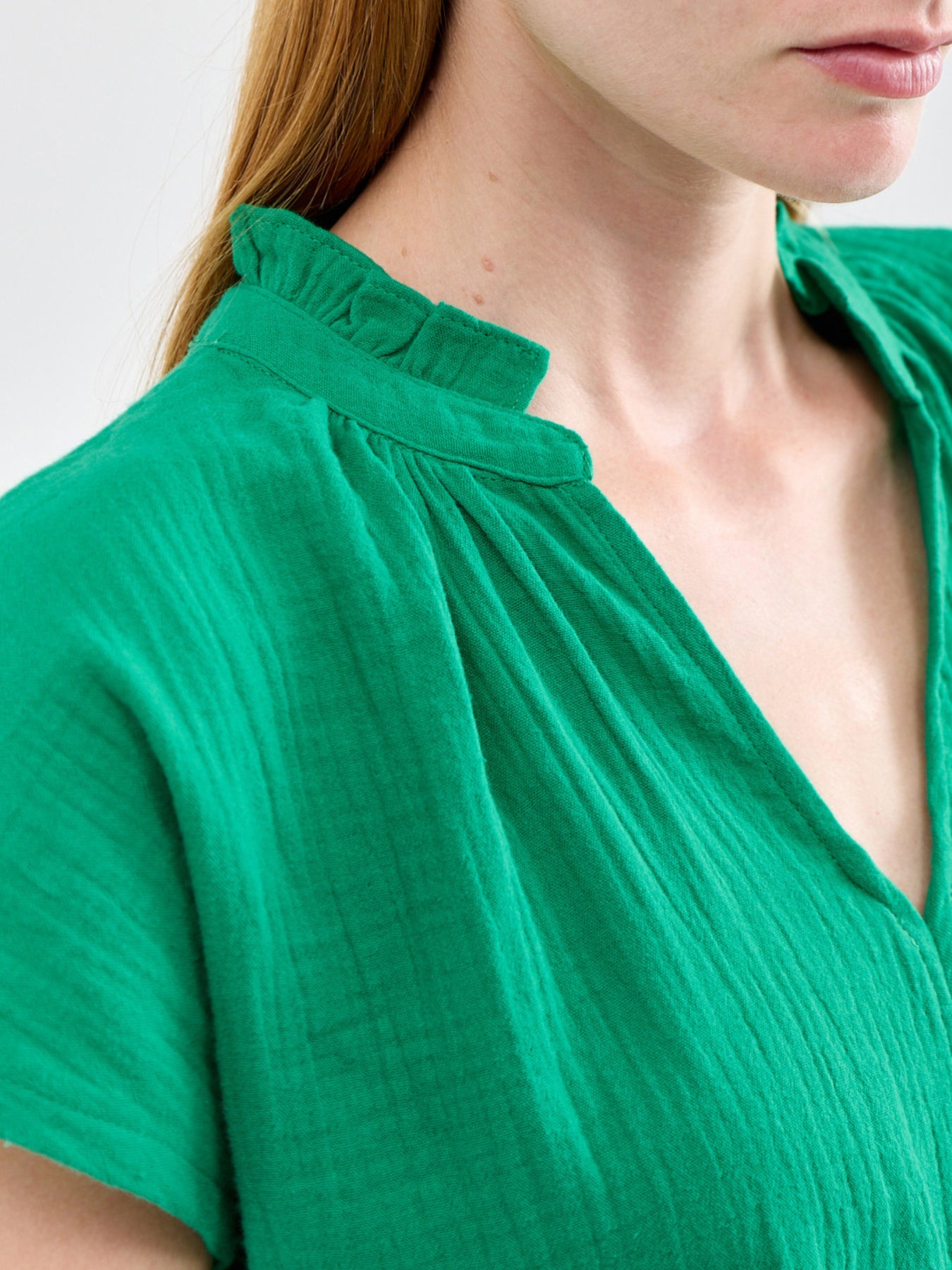 Green Frill Neck Cheesecloth Top Green