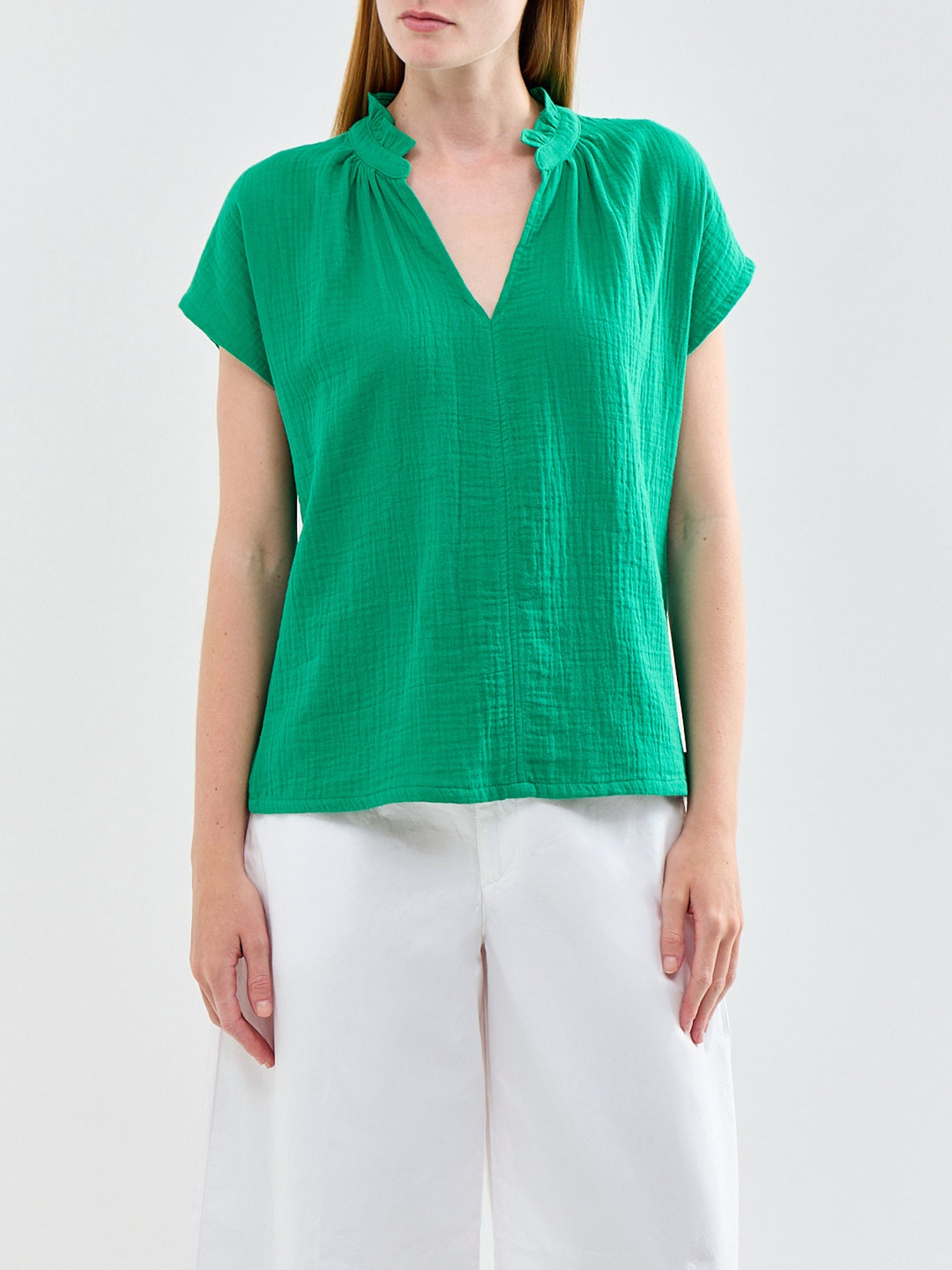 Green Frill Neck Cheesecloth Top Green