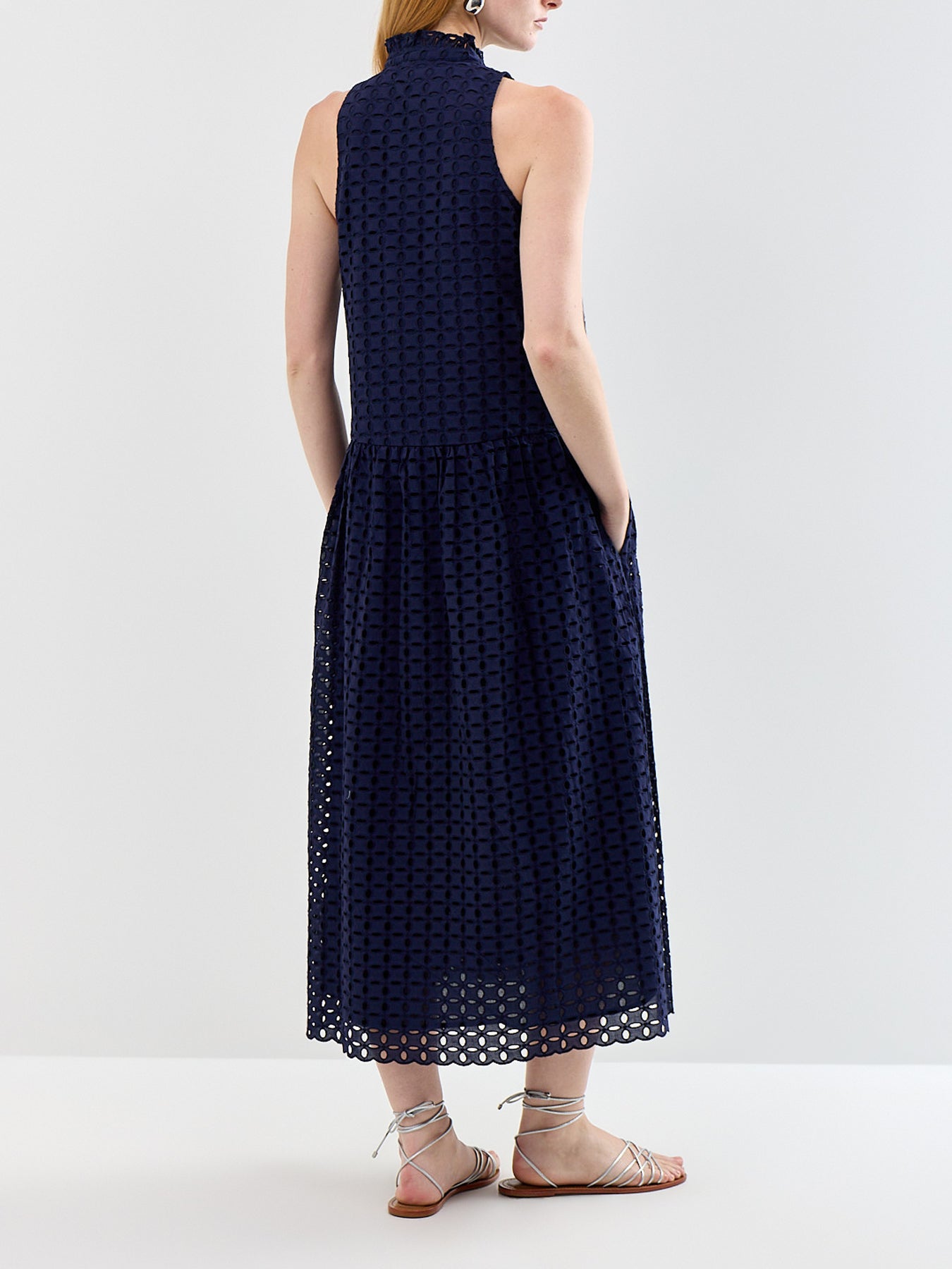 Navy Broderie V-Neck Midi Dress Navy