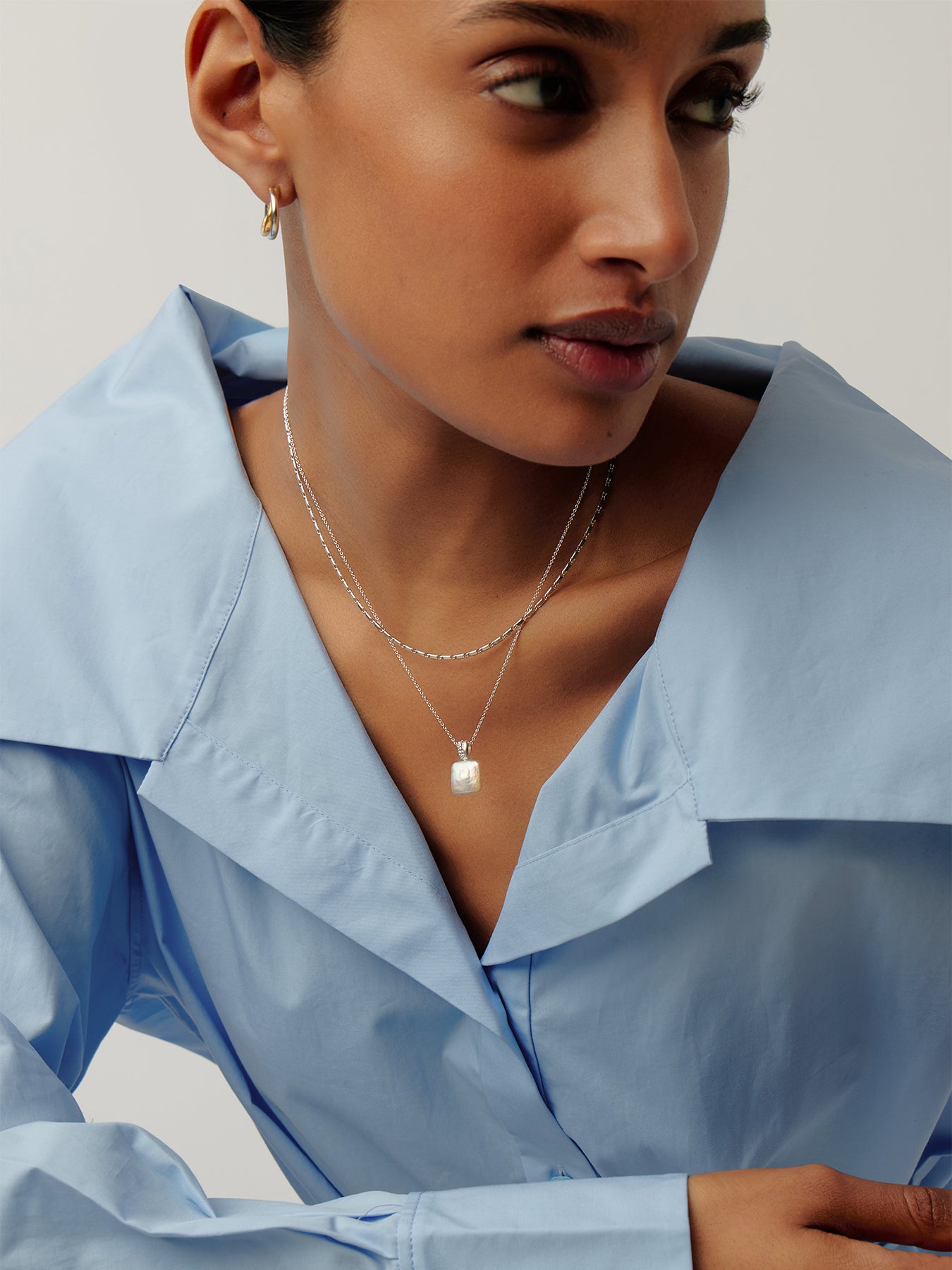 Square Pearl Pendant Necklace Silver