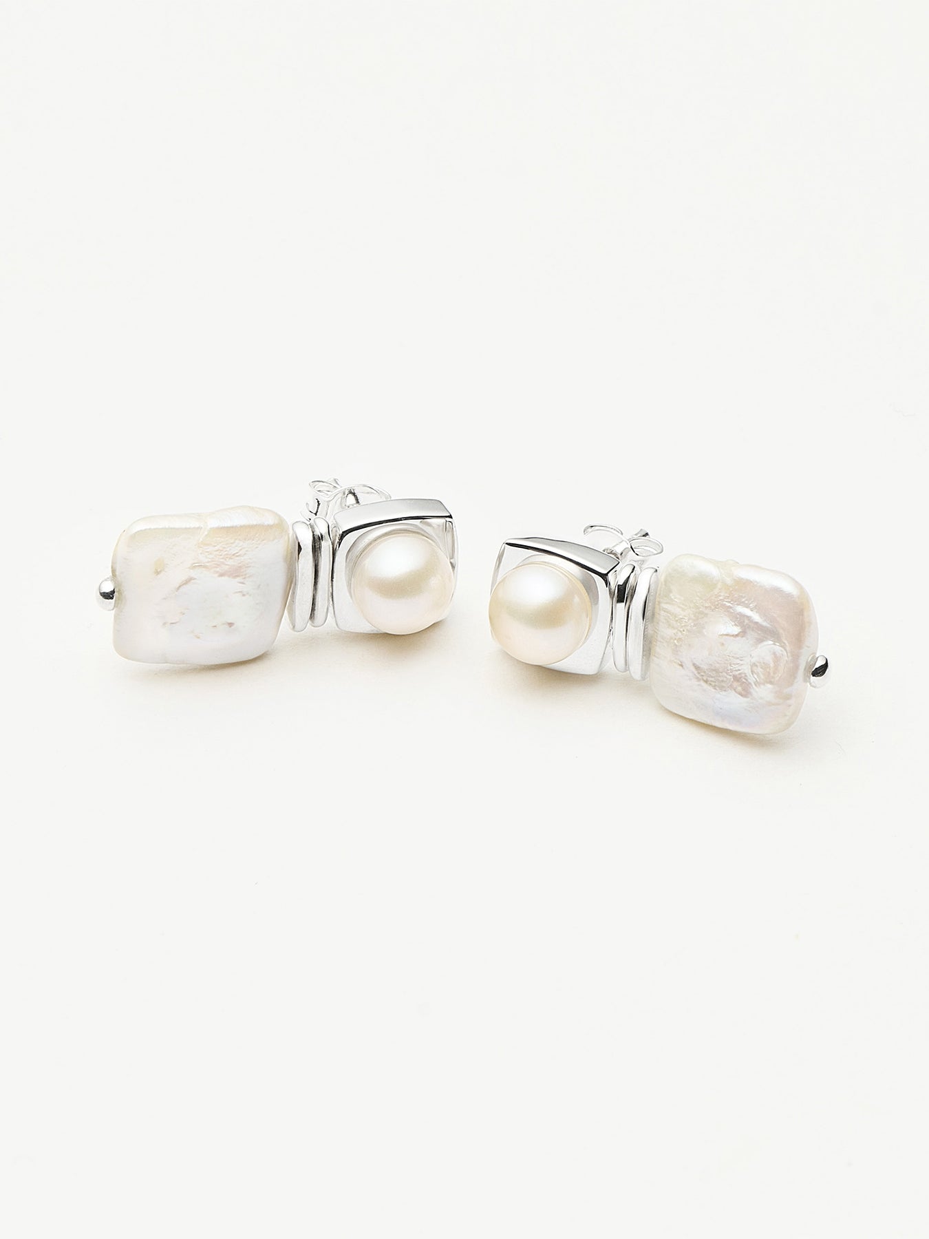 Square Pearl Stud Earrings Silver