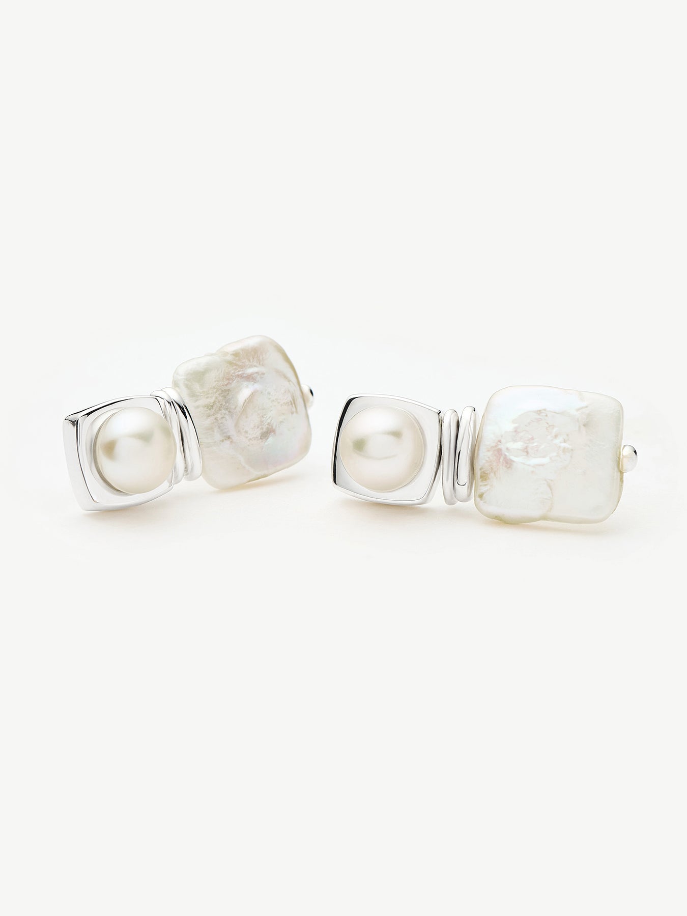 Square Pearl Stud Earrings Silver