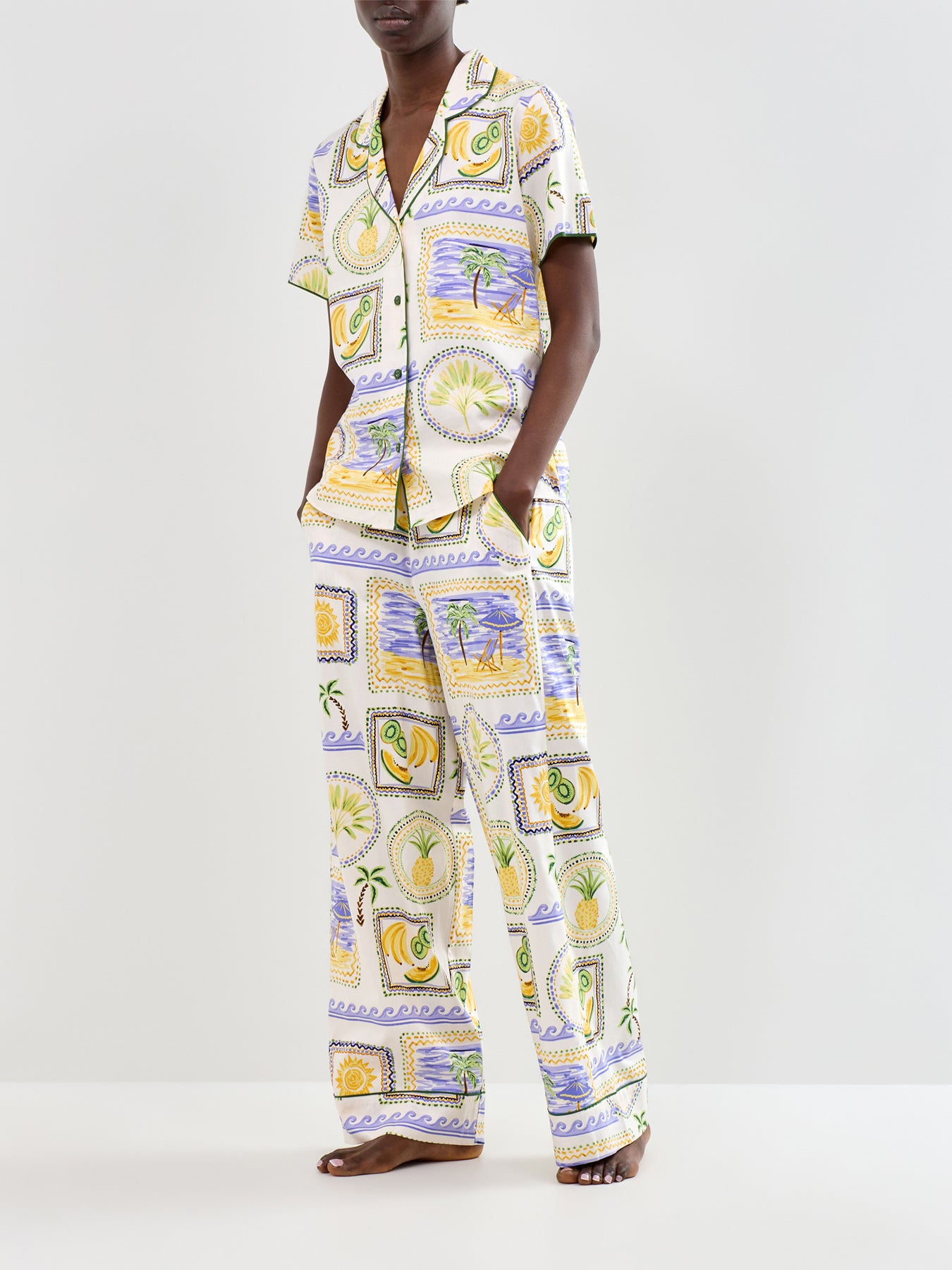Postcard Print Wide Leg Pyjama Bottoms Green