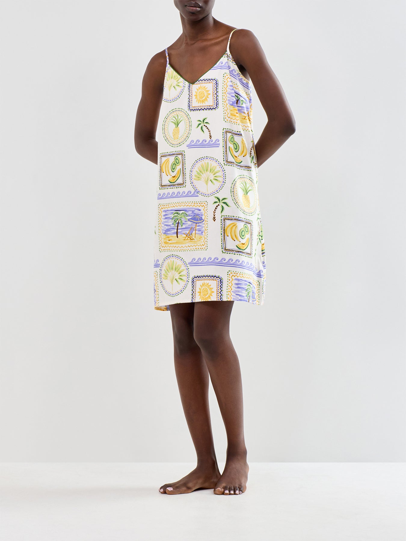 Green Postcard Print Strappy Short Nightdress