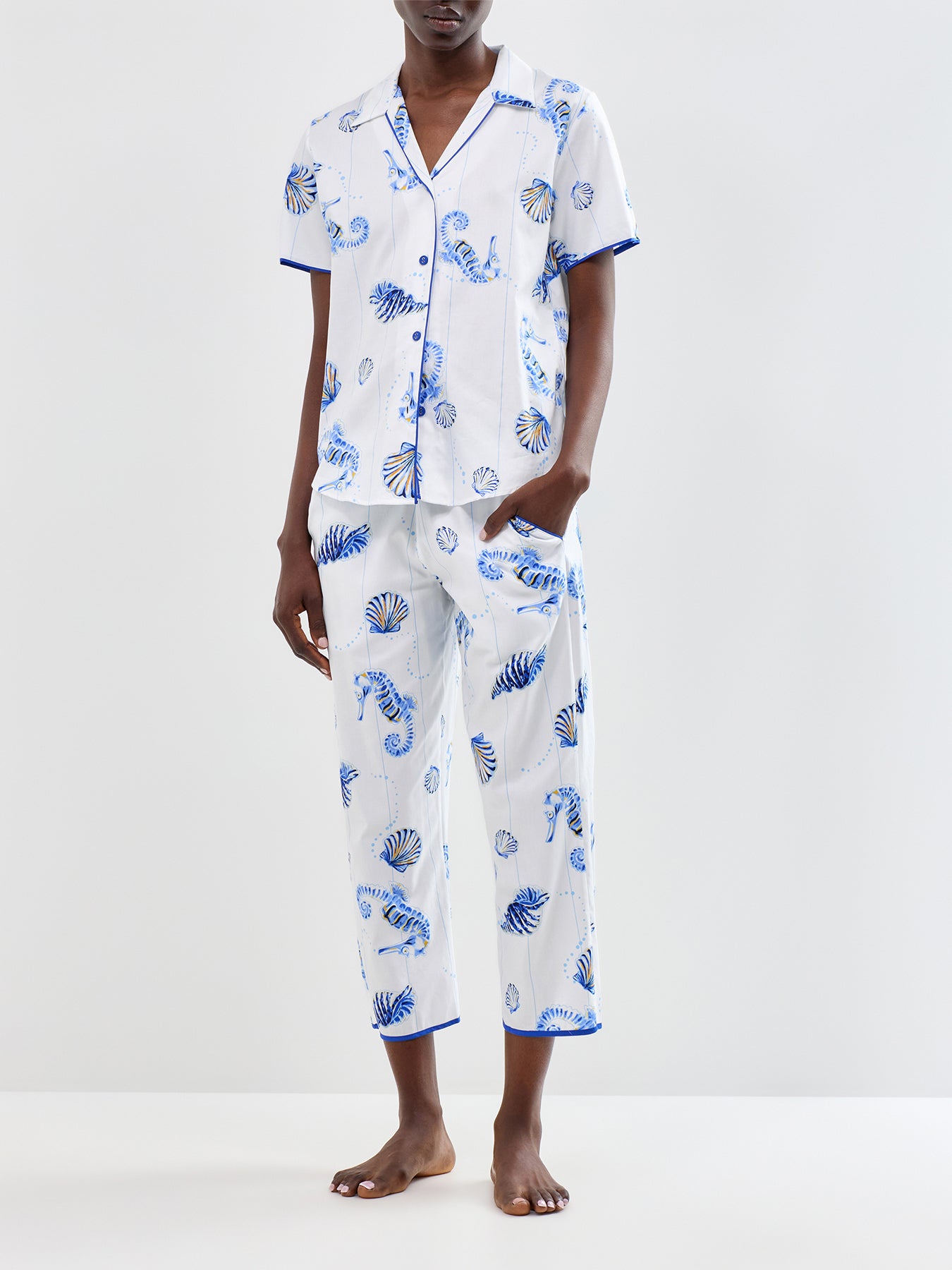 Sea Horse Stripe Cropped Pyjama Bottoms Blue