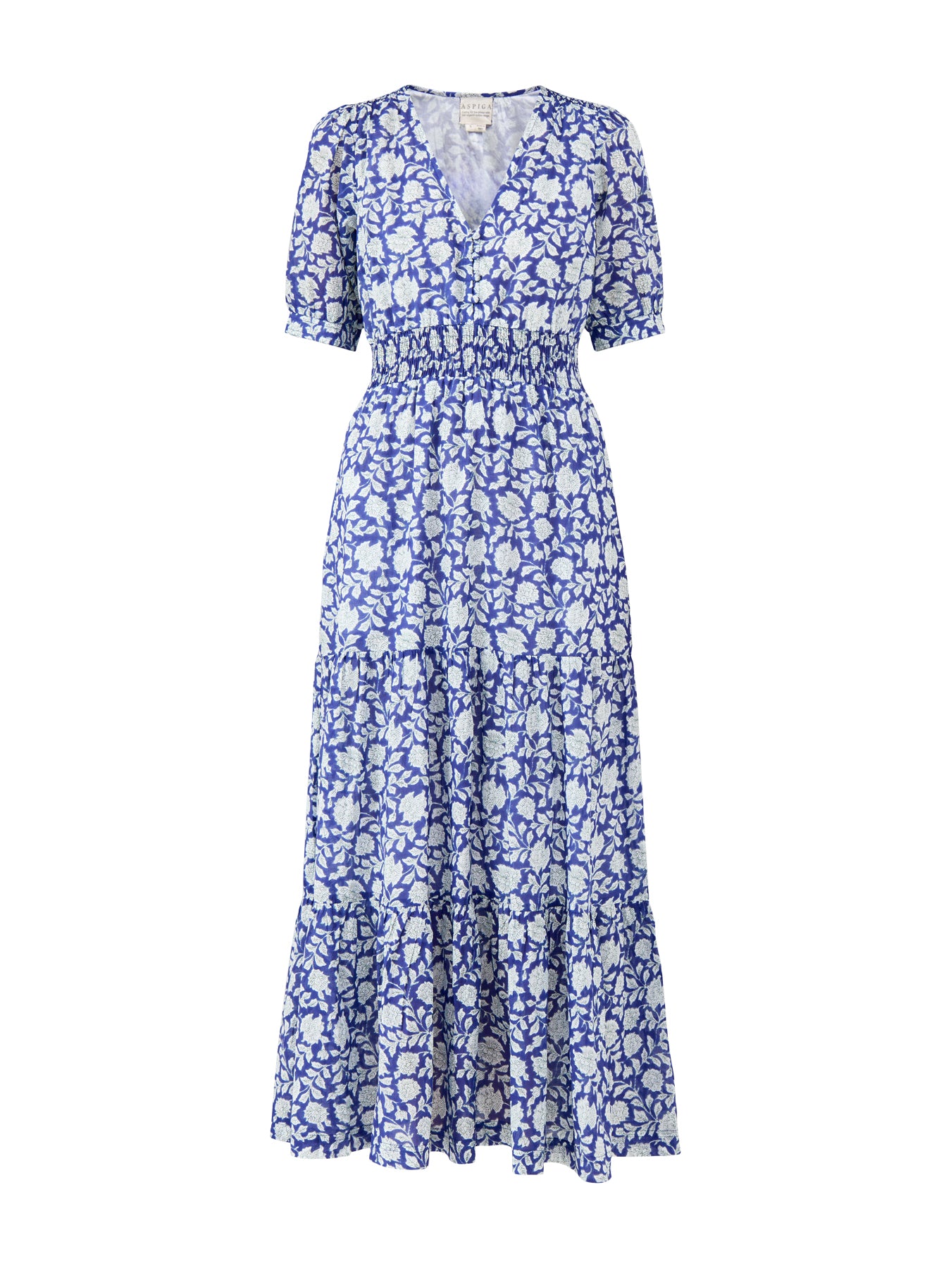 Billie Block Print Dress Blue White Hibiscus Print
