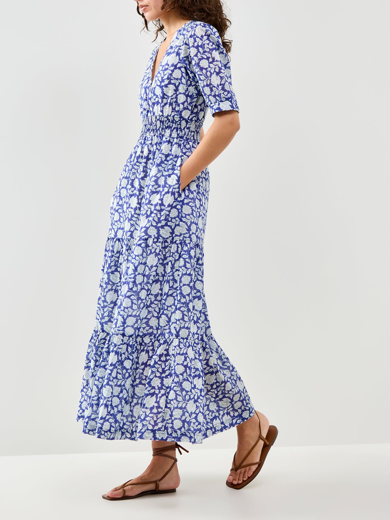 Billie Block Print Dress Blue White Hibiscus Print
