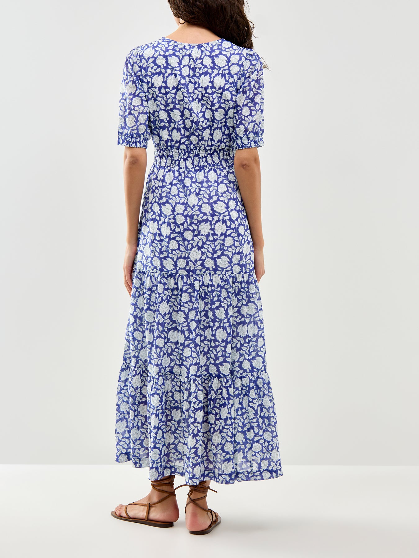 Billie Block Print Dress Blue White Hibiscus Print
