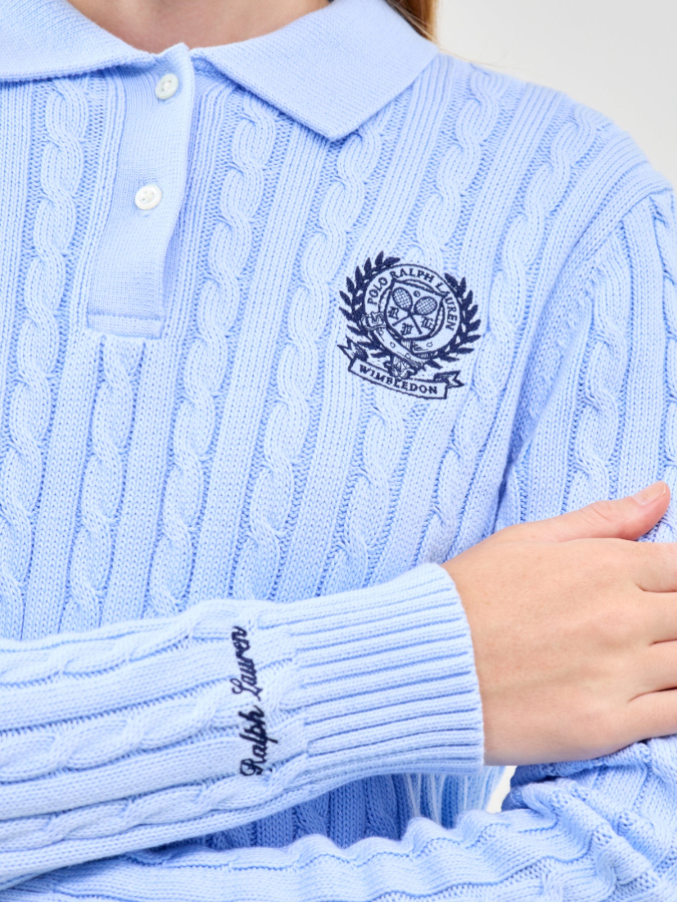 Wimbledon Cable Knit Polo Jumper Blue
