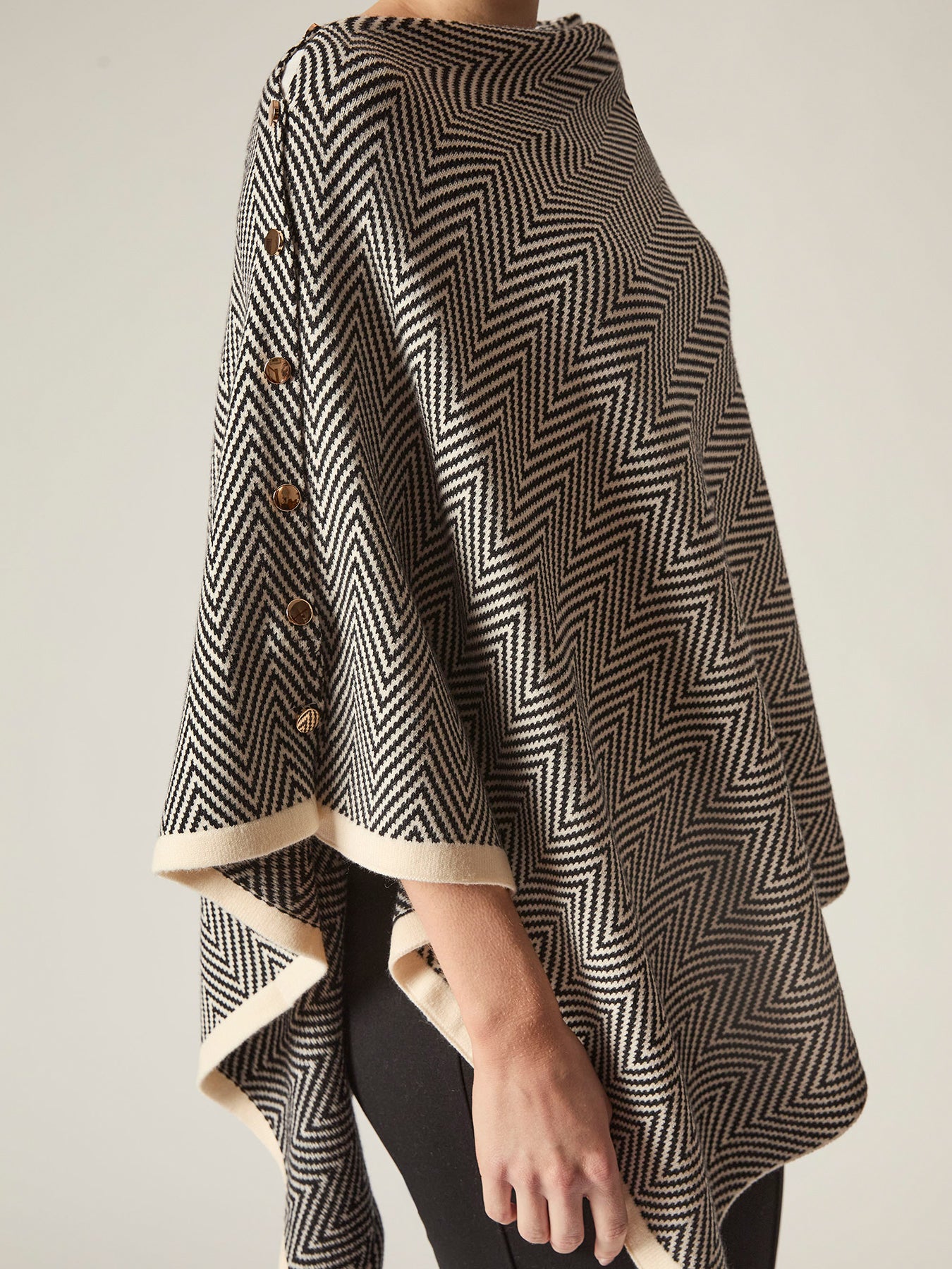 Chevron Button Poncho Black