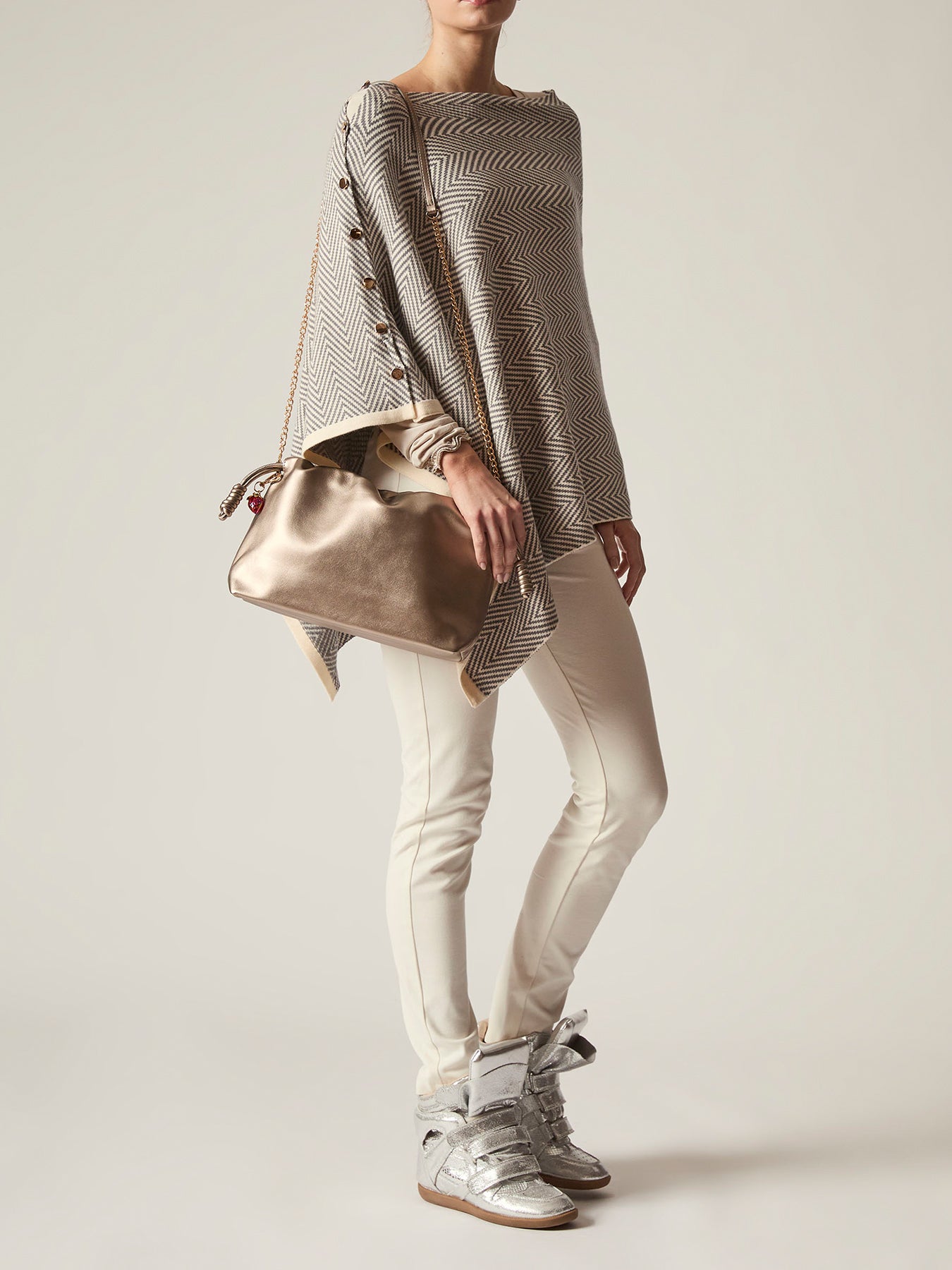 Chevron Button Poncho Grey