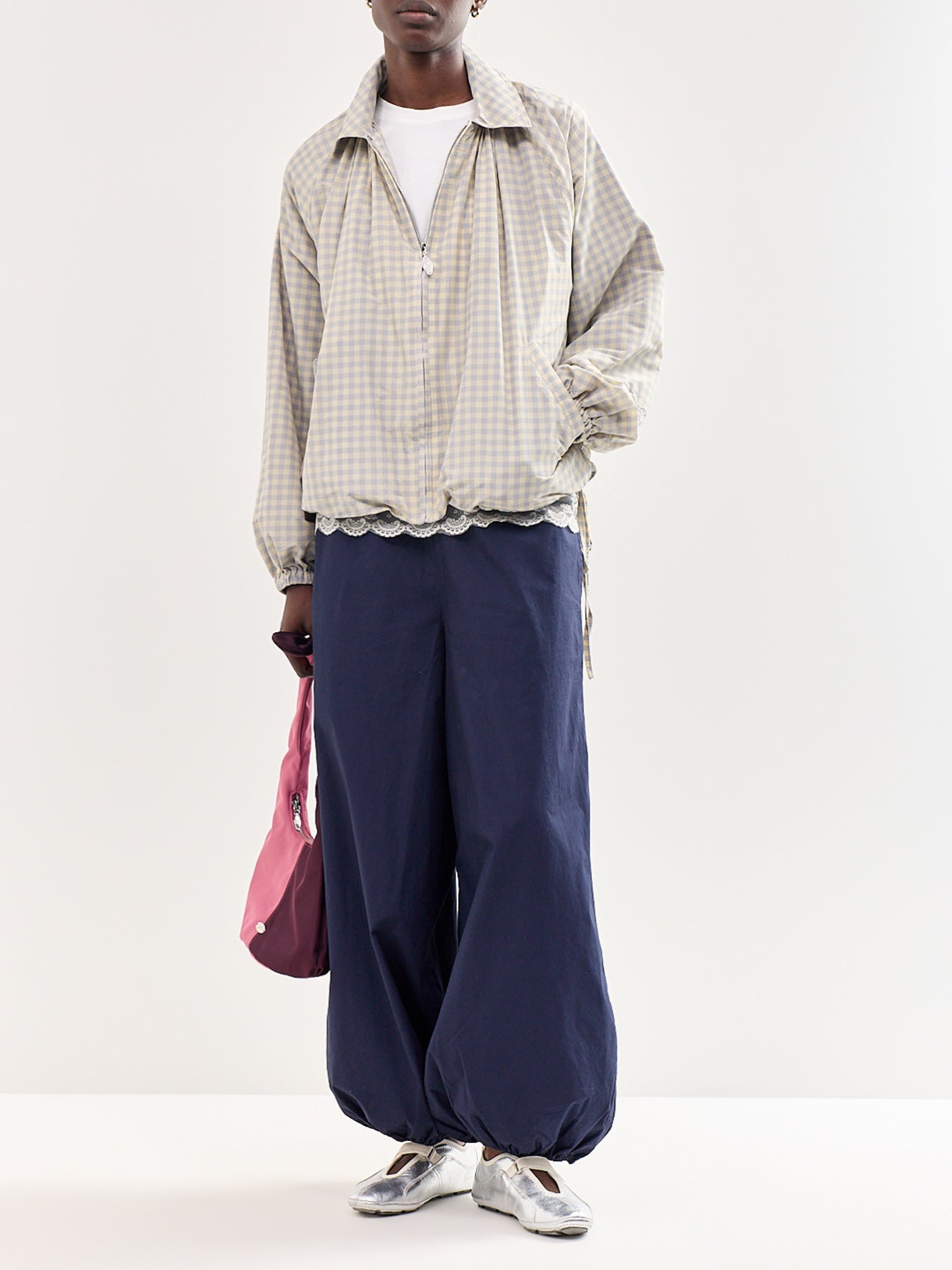 Lailah Lightweight Gingham Bomber Jacket Grey