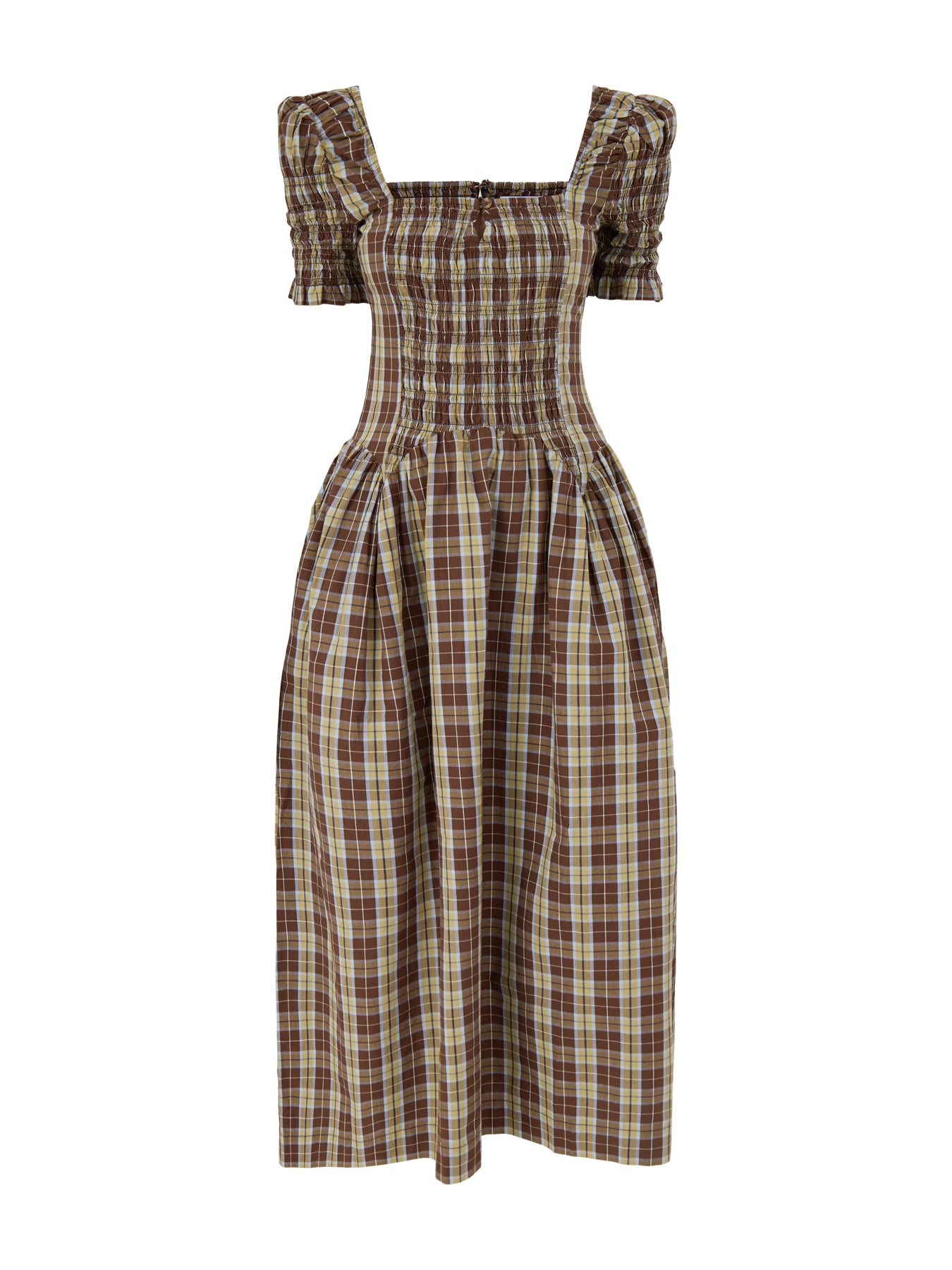 Emmy Shirred Cocoa Check Midi Dress