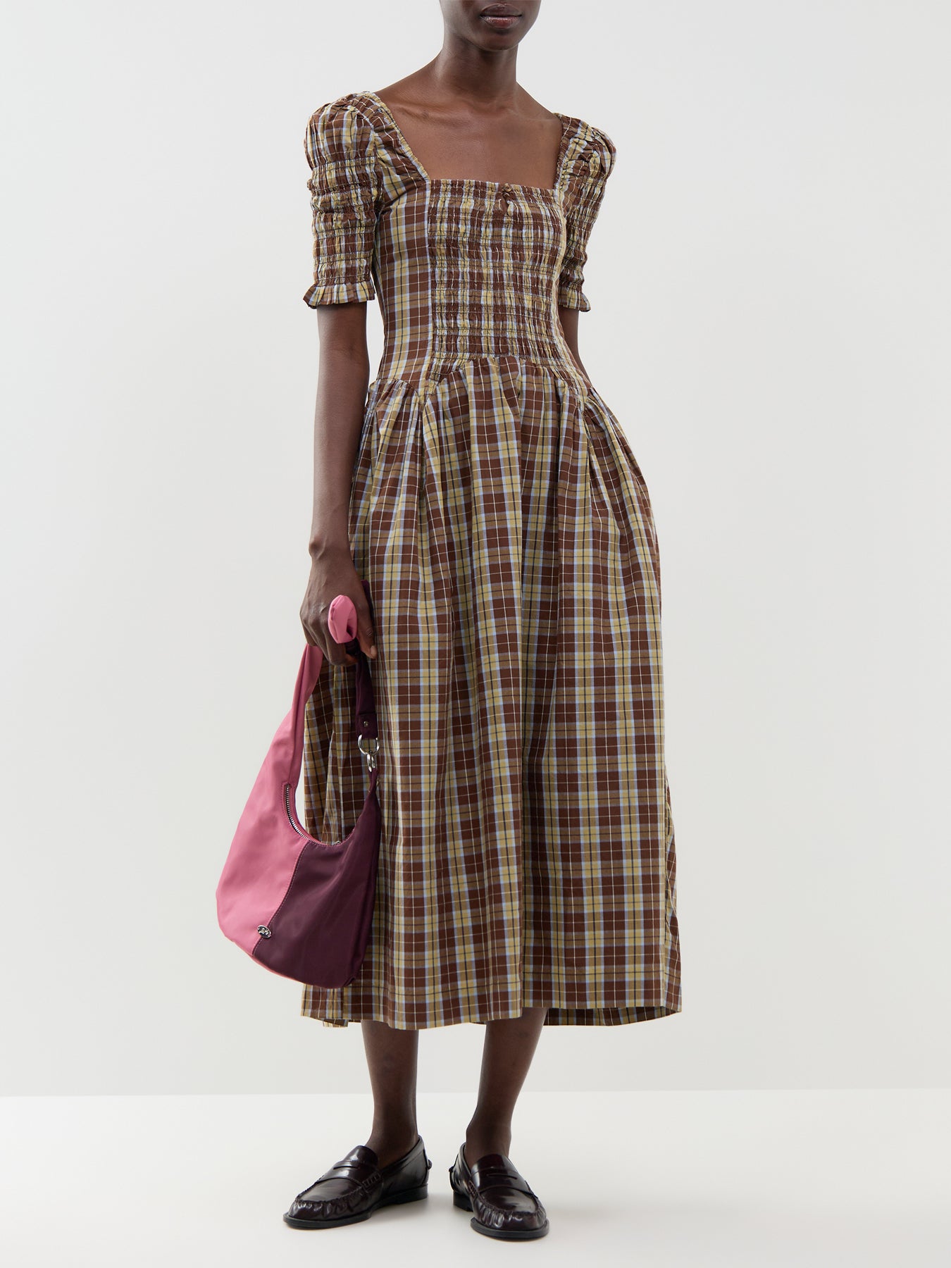 Emmy Shirred Cocoa Check Midi Dress