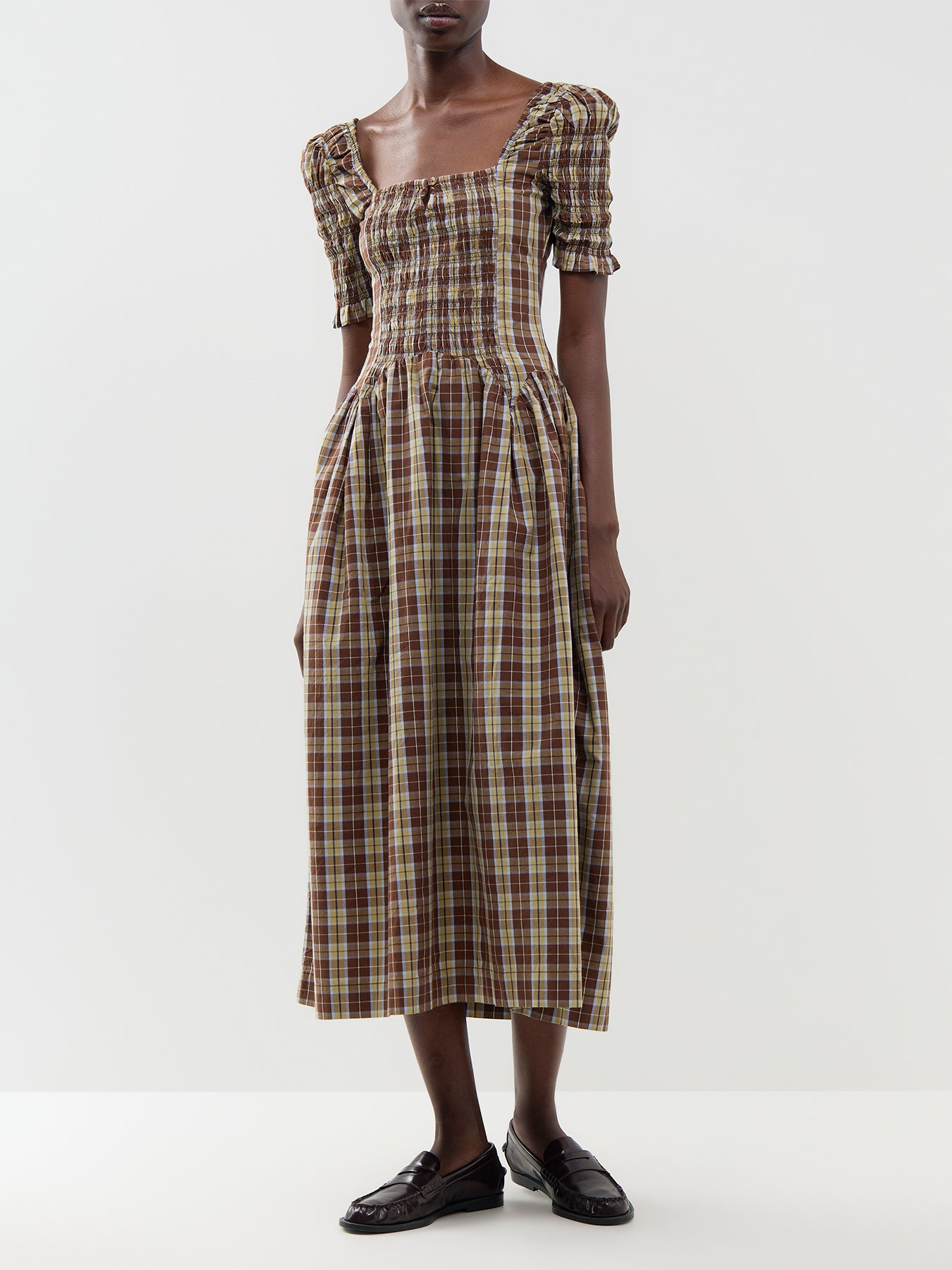 Emmy Shirred Cocoa Check Midi Dress
