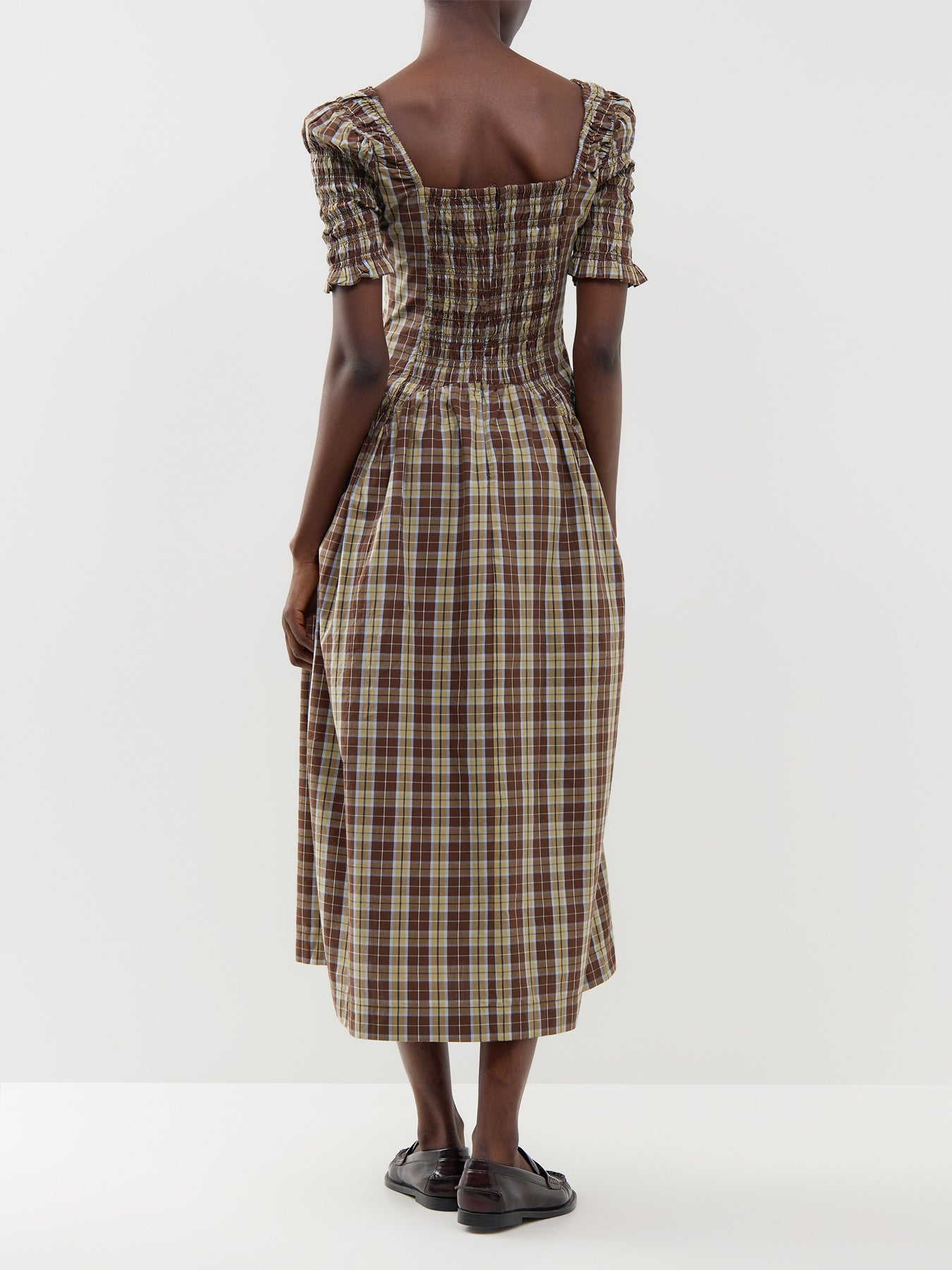 Emmy Shirred Cocoa Check Midi Dress
