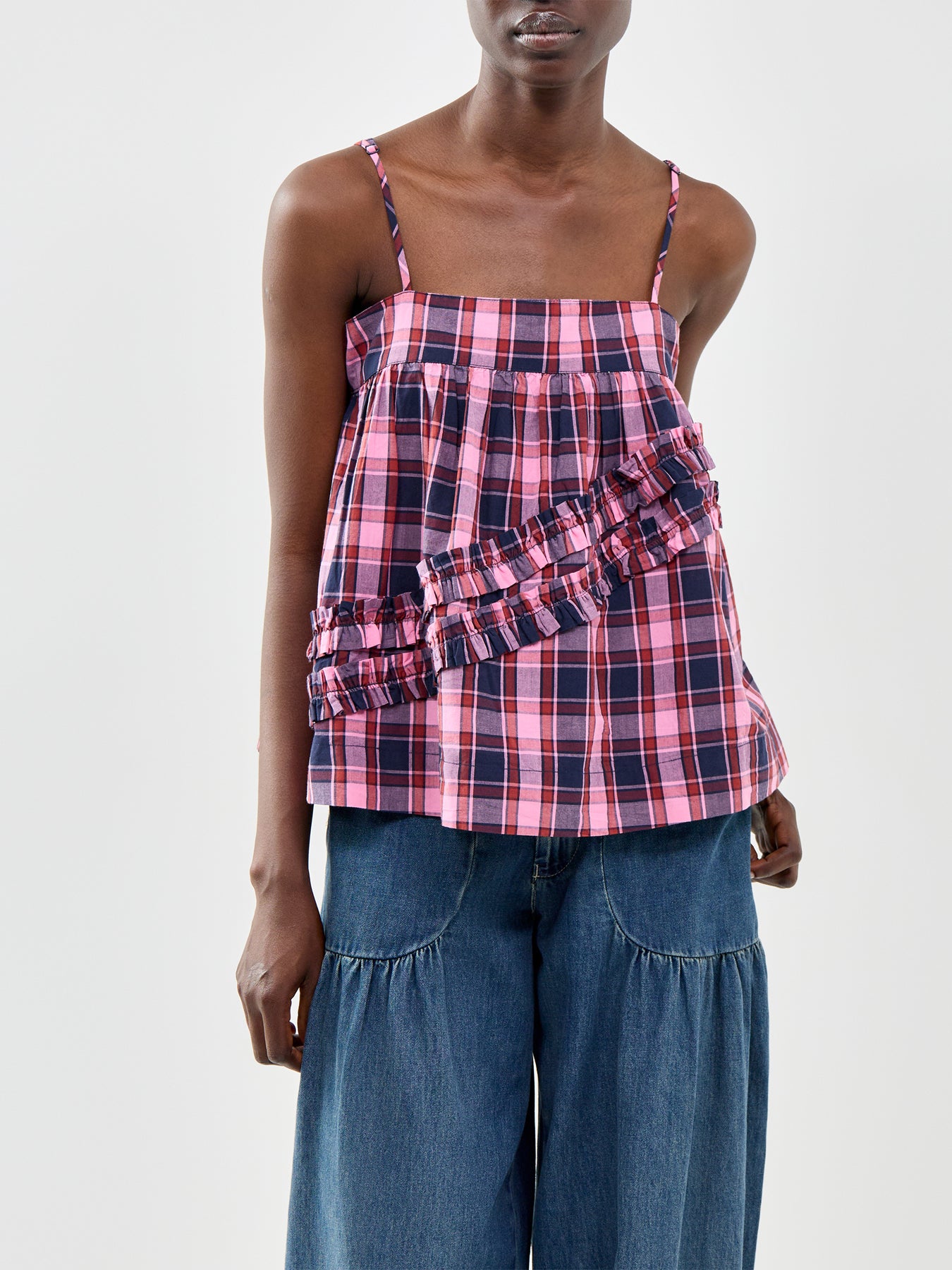 Nyra Ruffle Checked Cami Top
