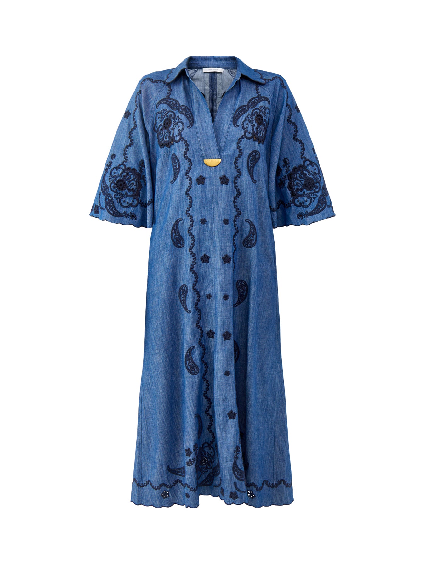Aster Embroidered Denim Midi Dress Blue