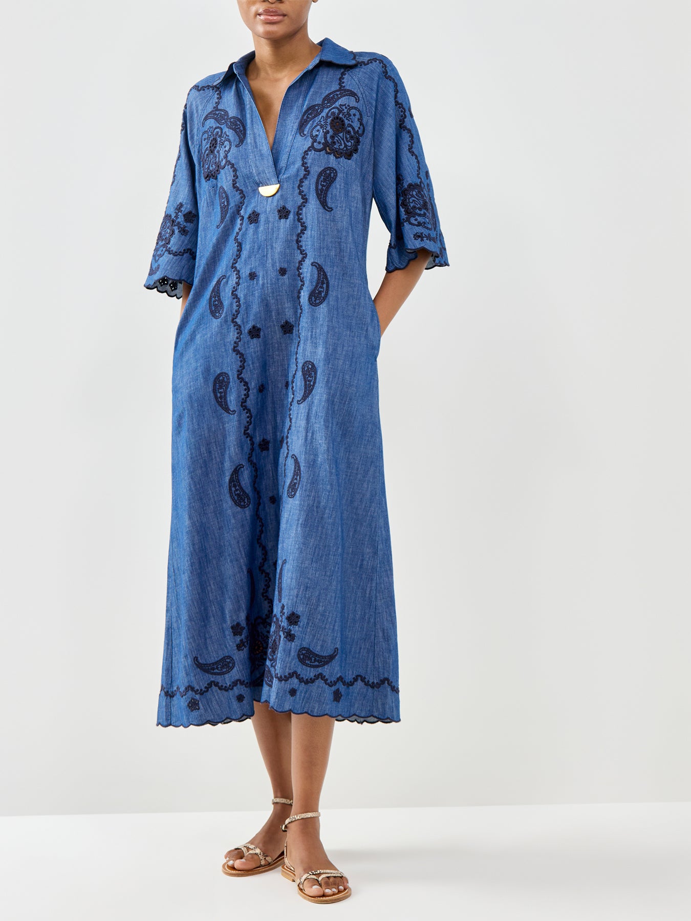 Aster Embroidered Denim Midi Dress Blue