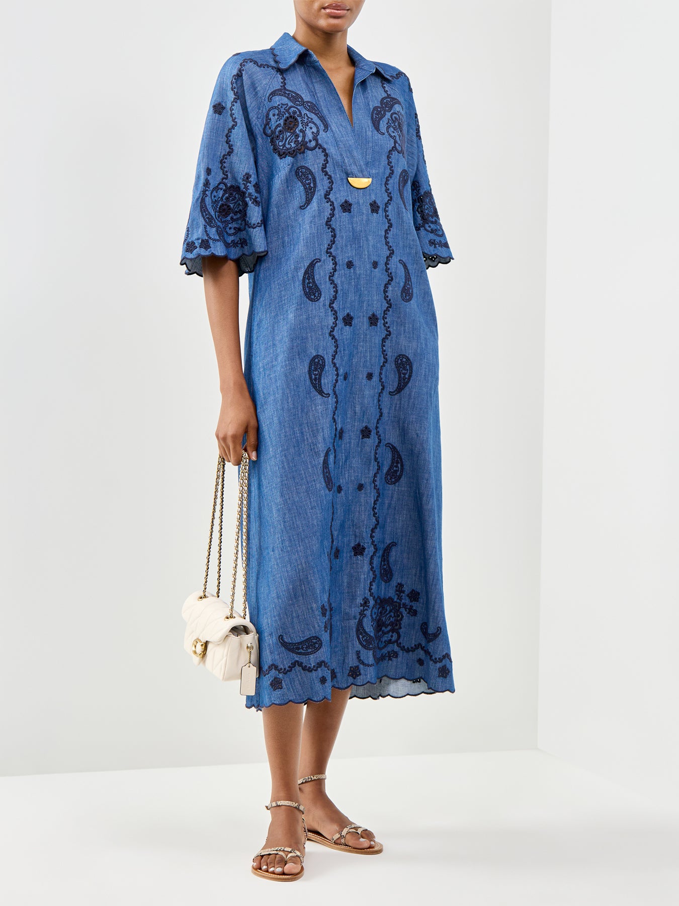 Aster Embroidered Denim Midi Dress Blue