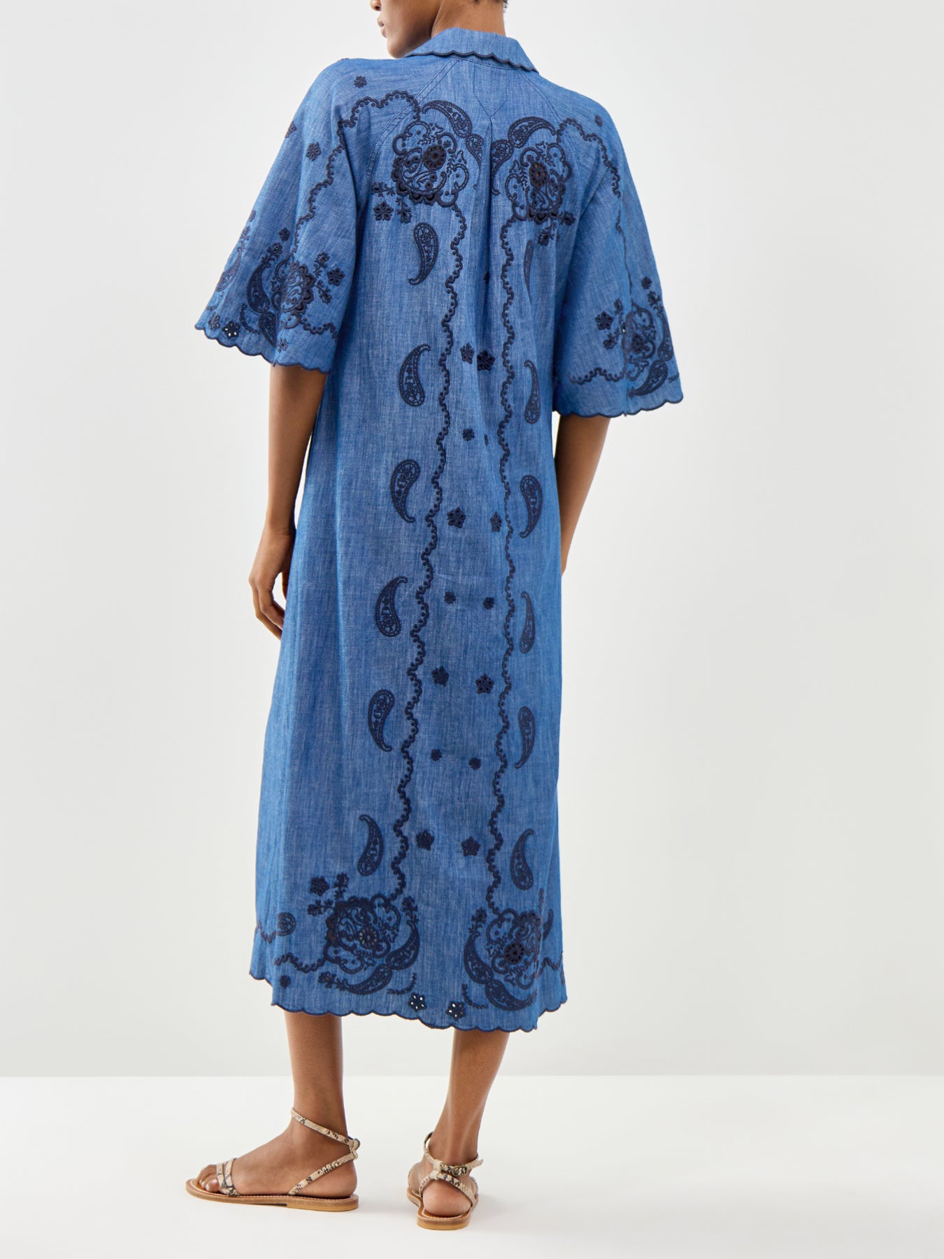 Aster Embroidered Denim Midi Dress Blue