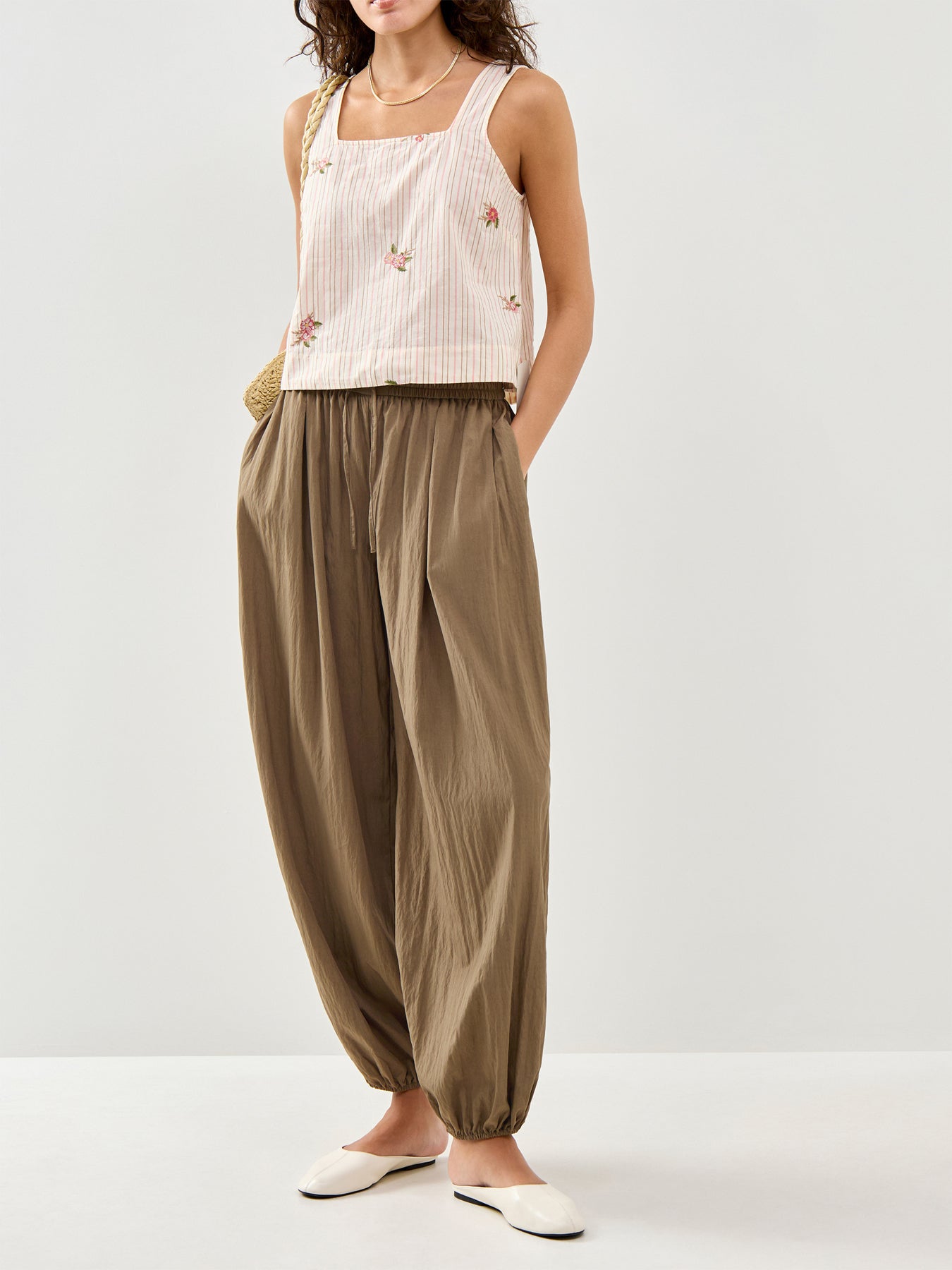 Elizabeth Scarlett Stanley Stripe Embroidered Floral Top Cream