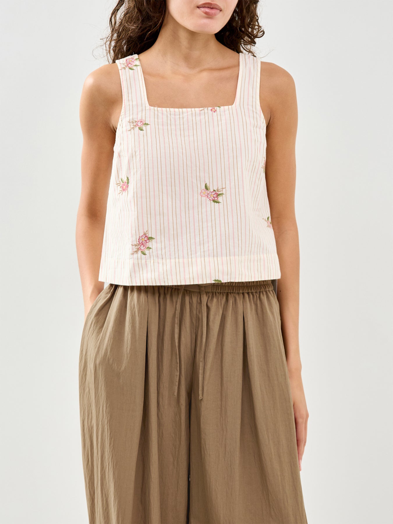 Elizabeth Scarlett Stanley Stripe Embroidered Floral Top Cream