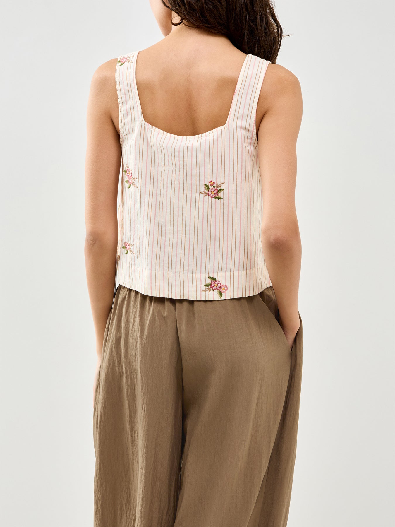 Elizabeth Scarlett Stanley Stripe Embroidered Floral Top Cream