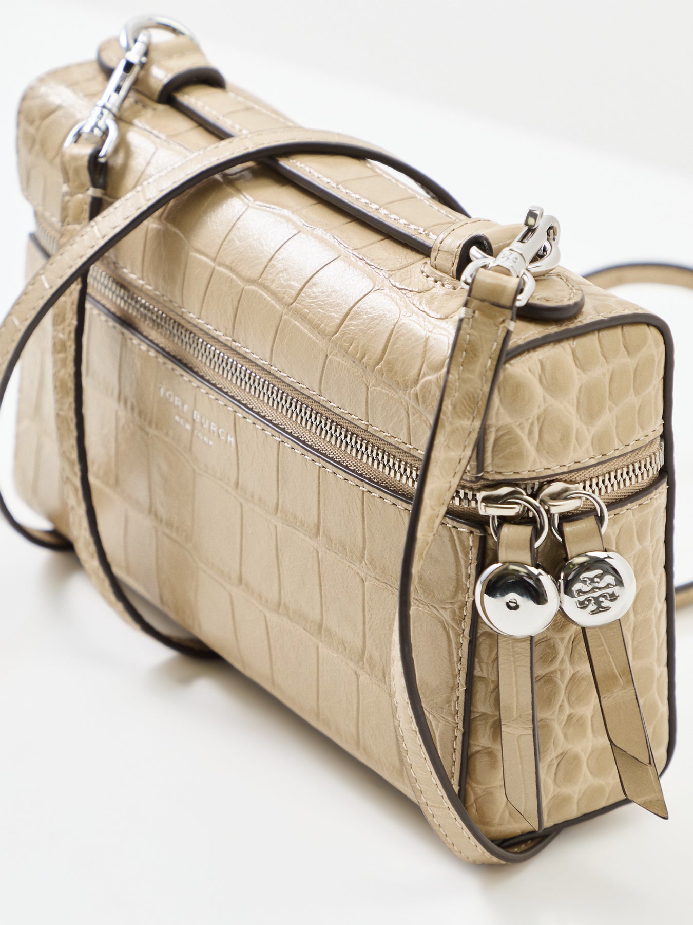 Romy Embossed Slim Top Handle Crossbody Bag Tan