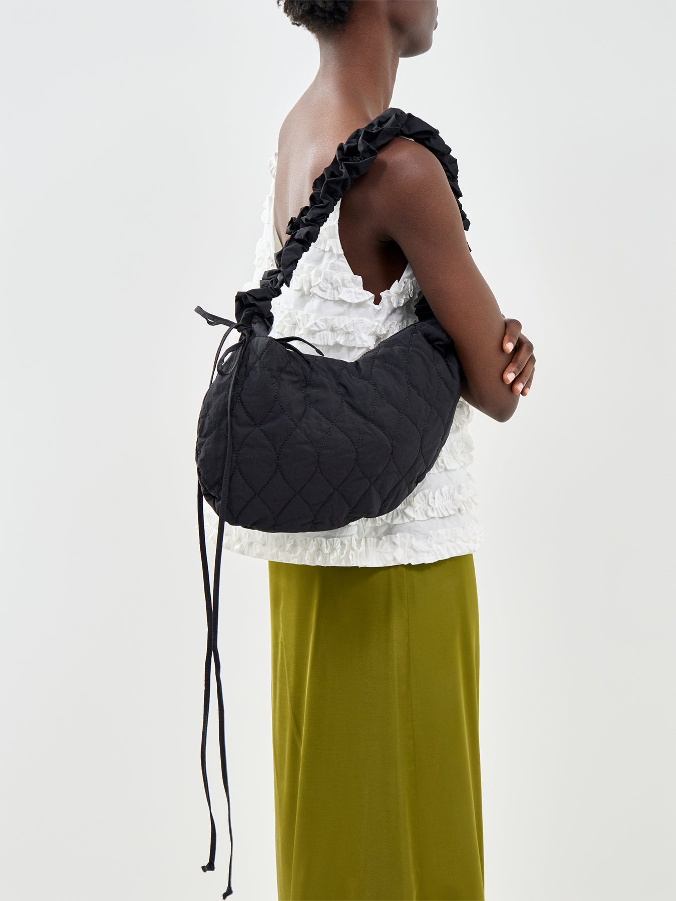 Embroidered Rose Ruched Kidney Bag Black