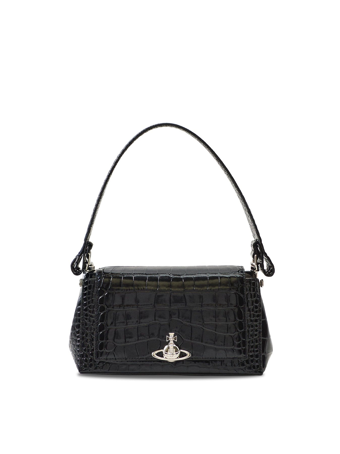 Hazel Croc Medium Leather Shoulder Bag Black