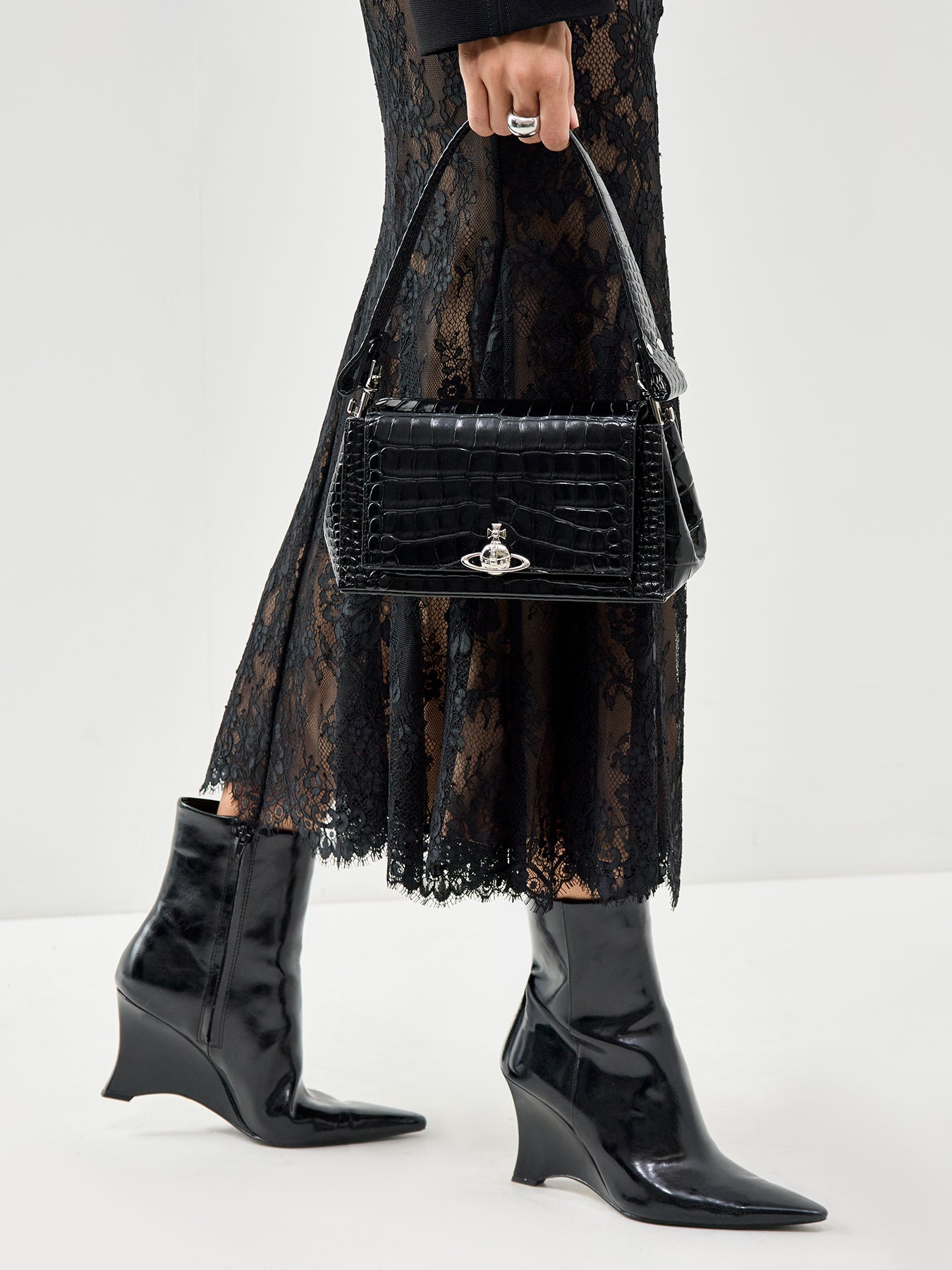 Hazel Croc Medium Leather Shoulder Bag Black