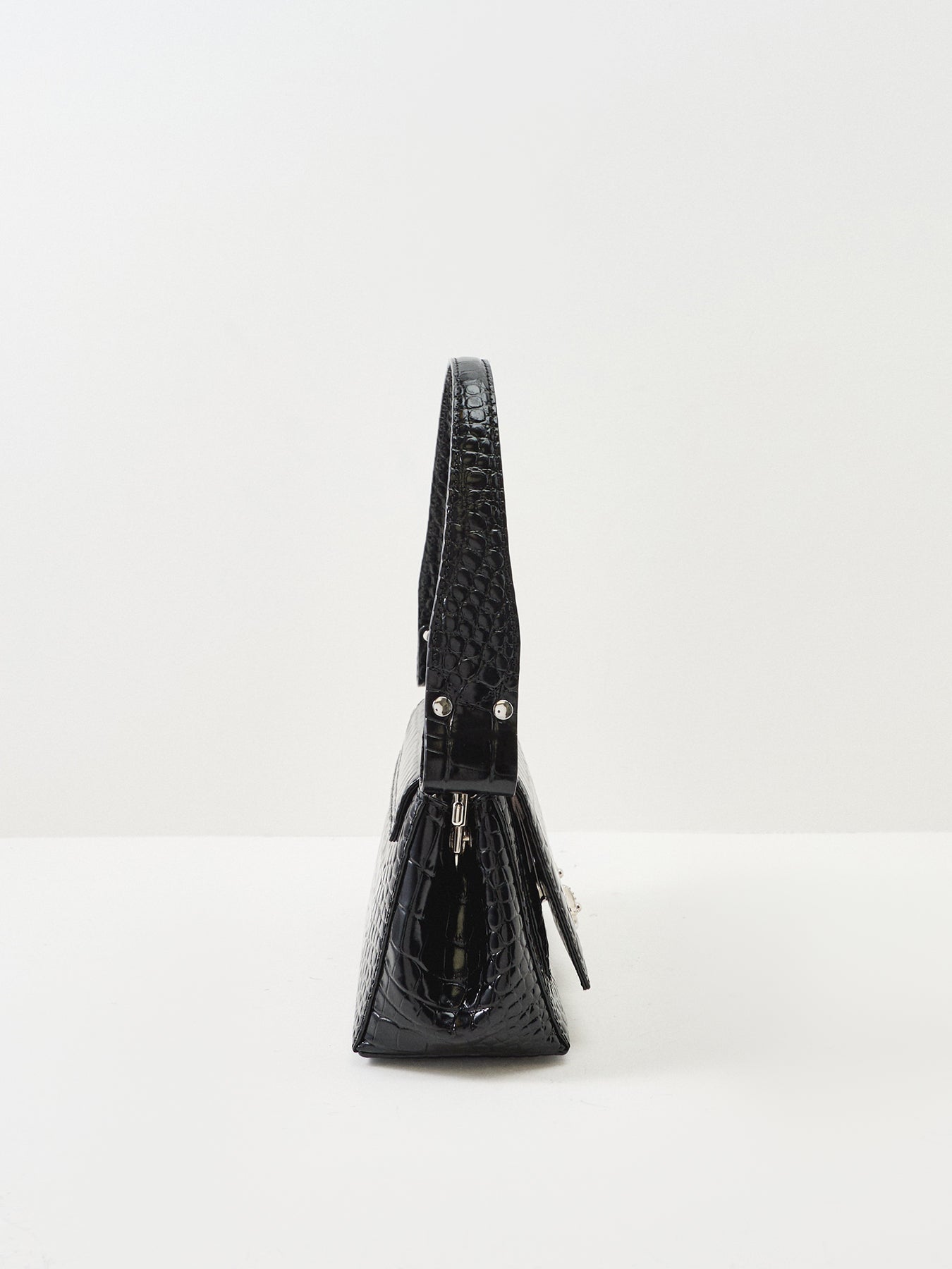 Hazel Croc Medium Leather Shoulder Bag Black