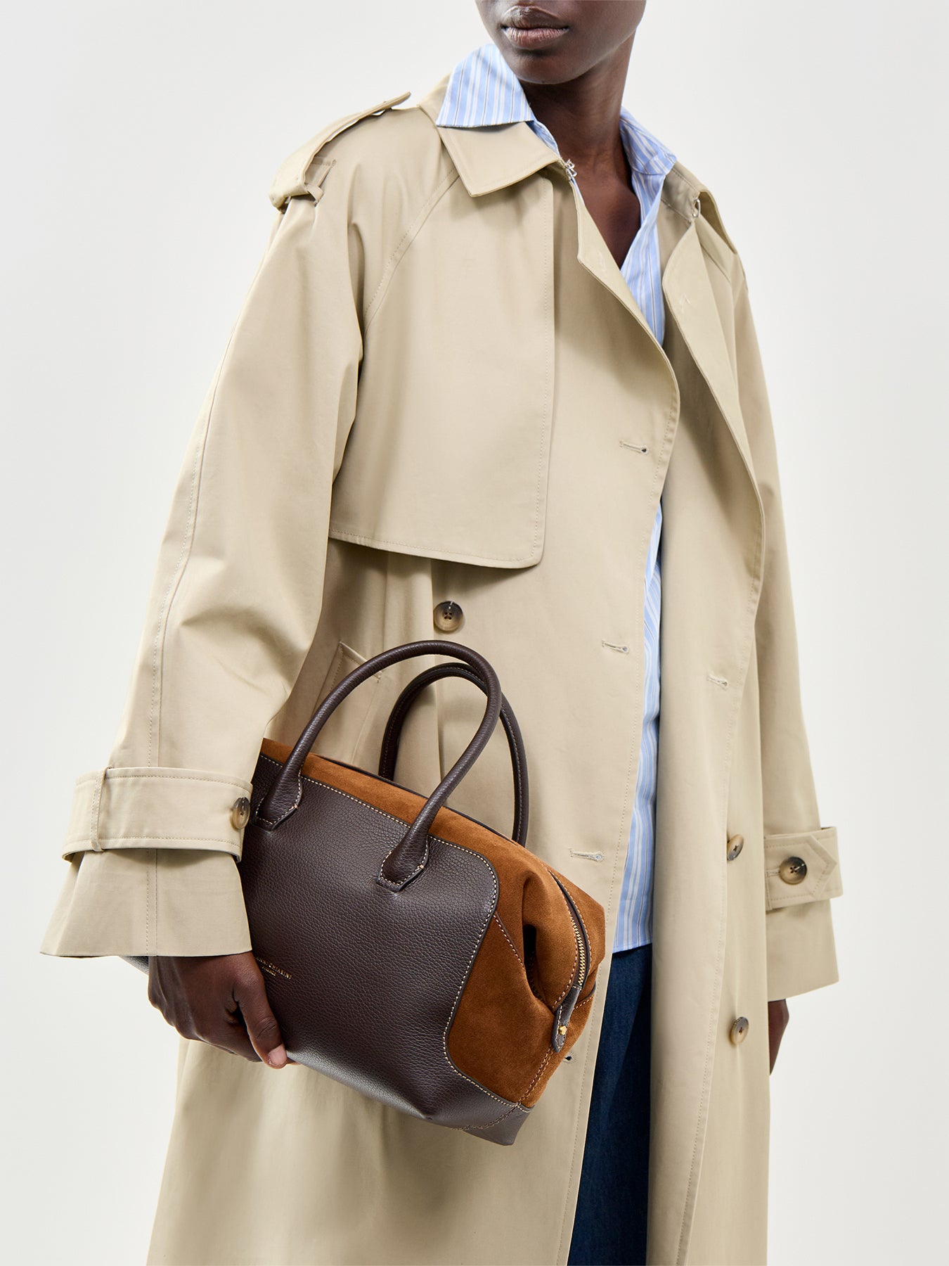 Gemma Leather and Suede Bowling Bag Brown