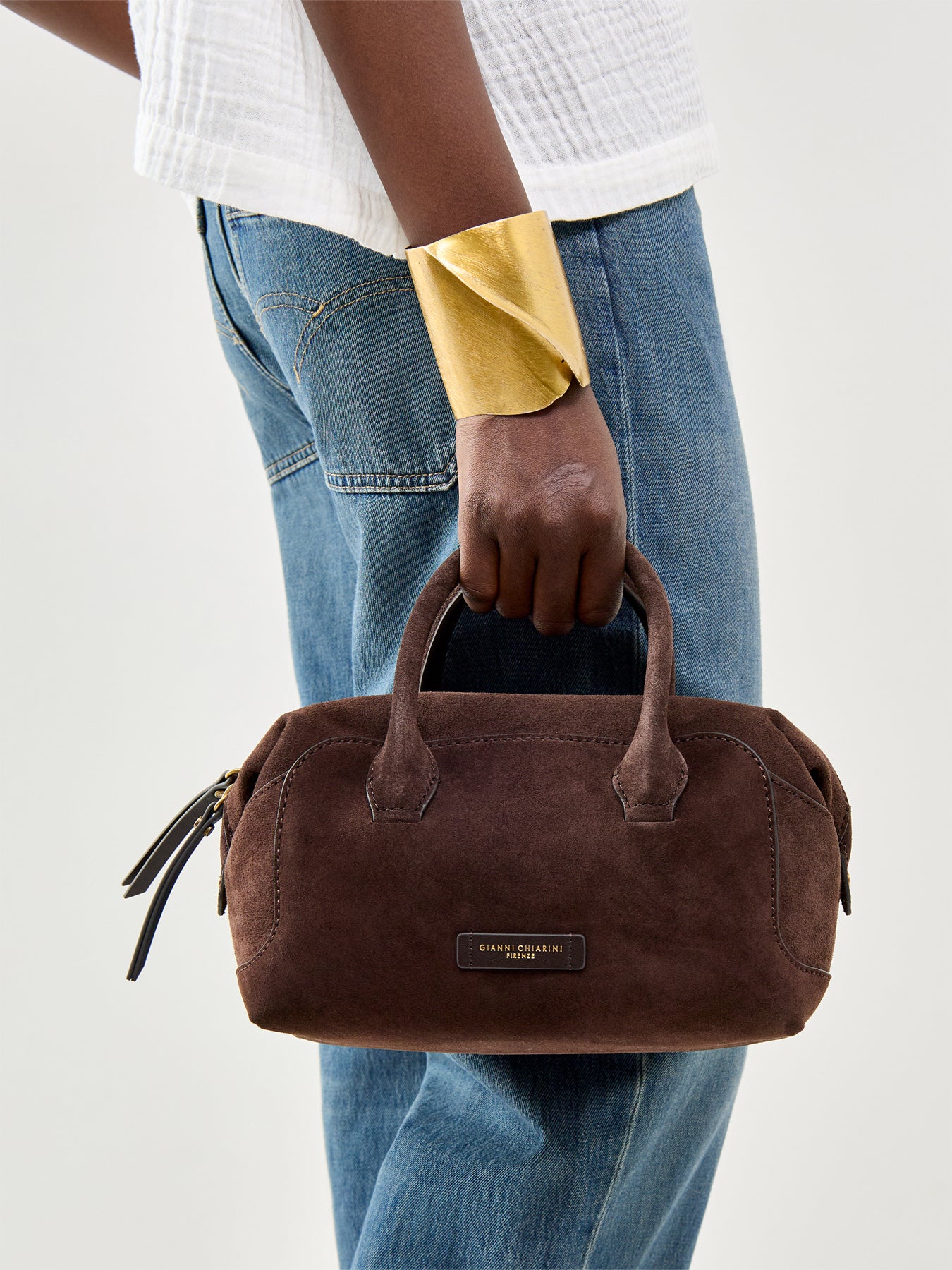 Gemma Small Suede Bowling Bag Brown