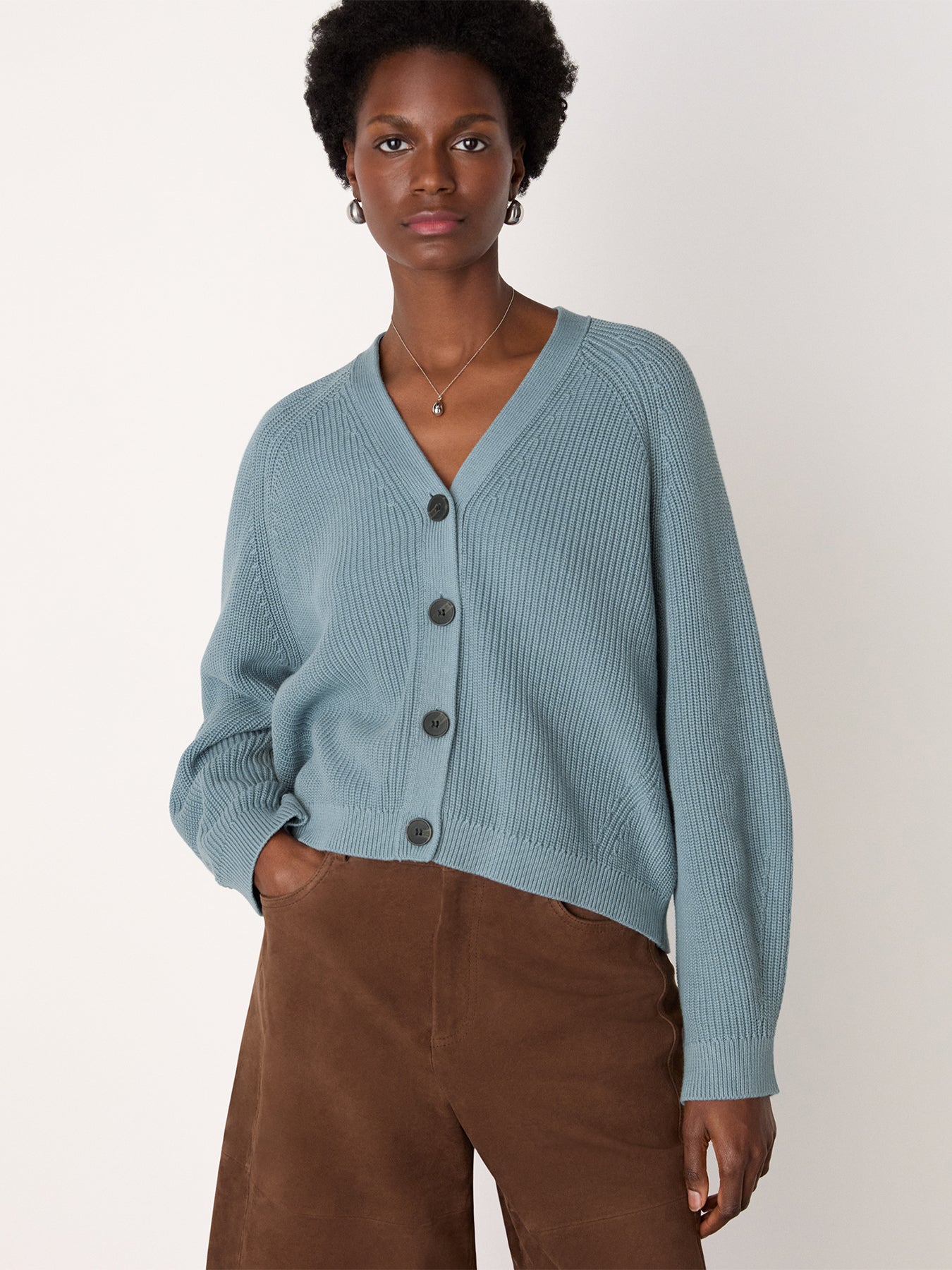 V Neck Cotton Cardigan Blue