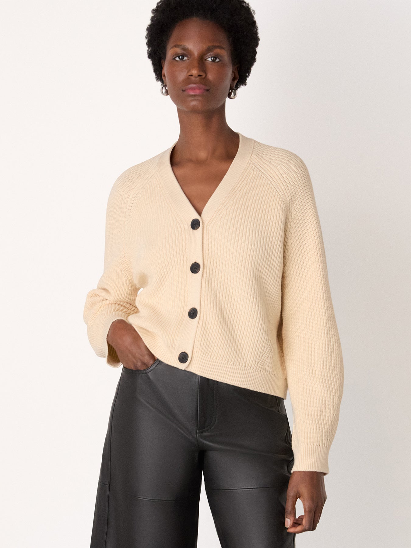 V Neck Cotton Cardigan Ivory