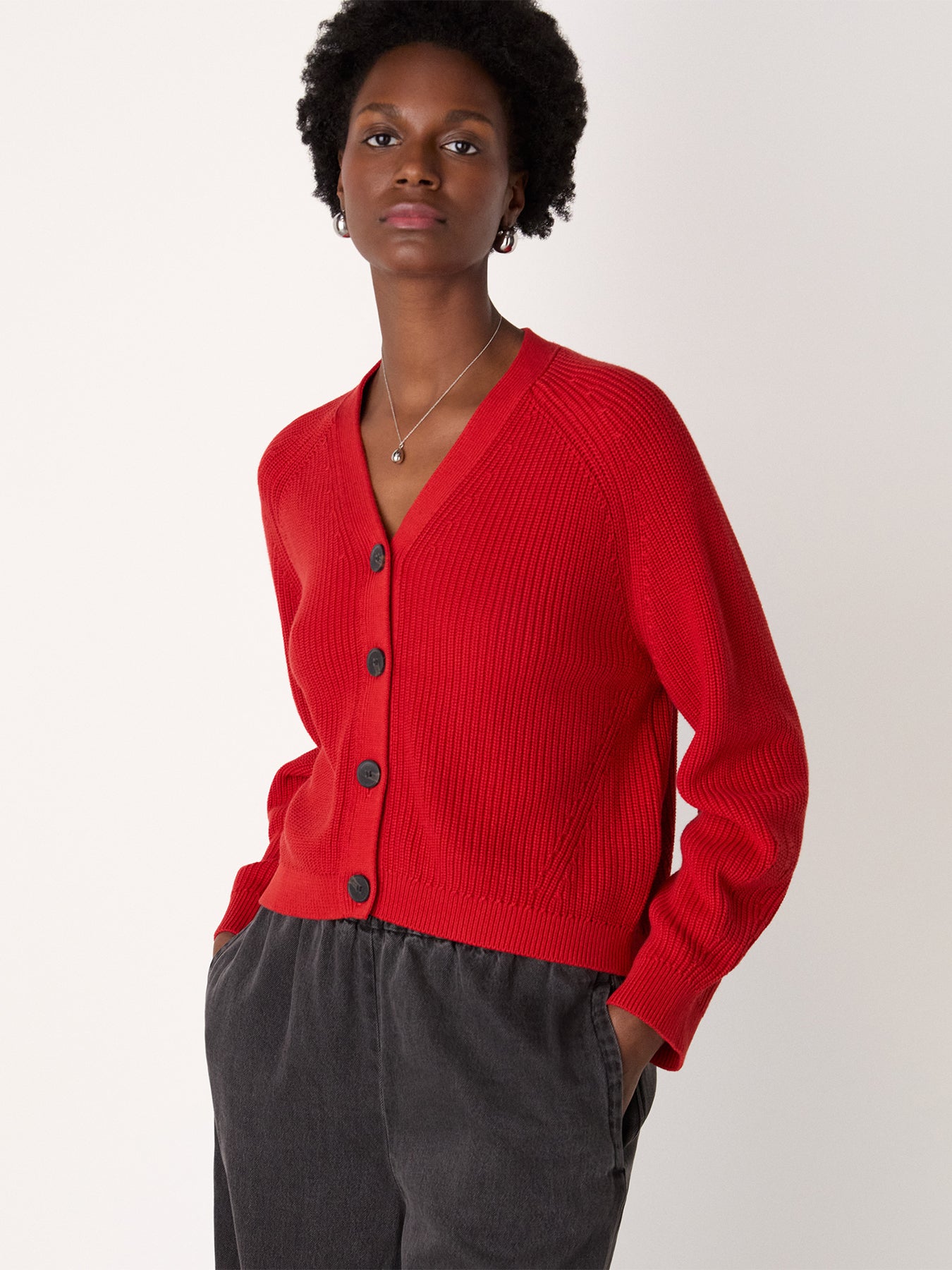 V Neck Cotton Cardigan Red