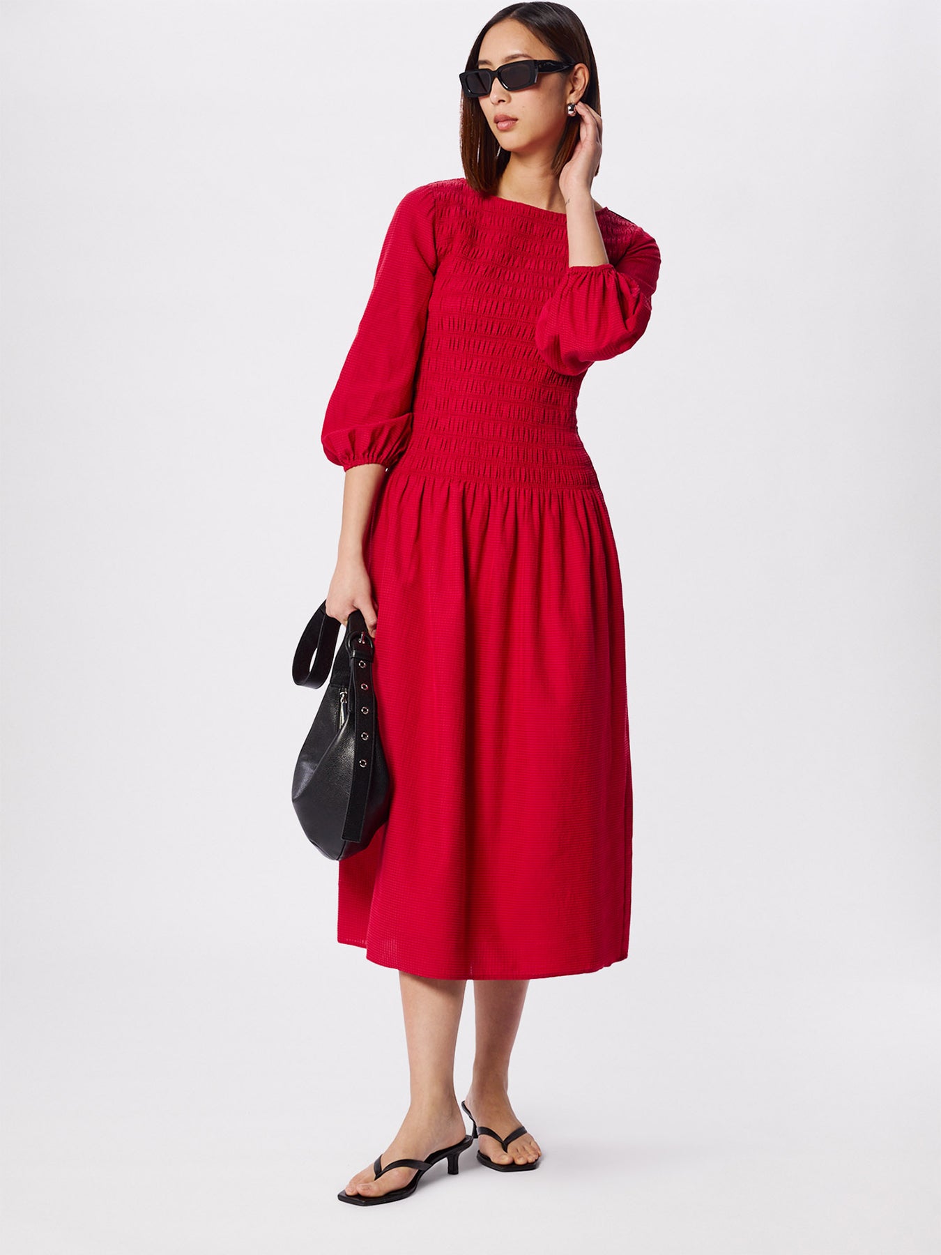 Wide Spaced Shirred Dress Red