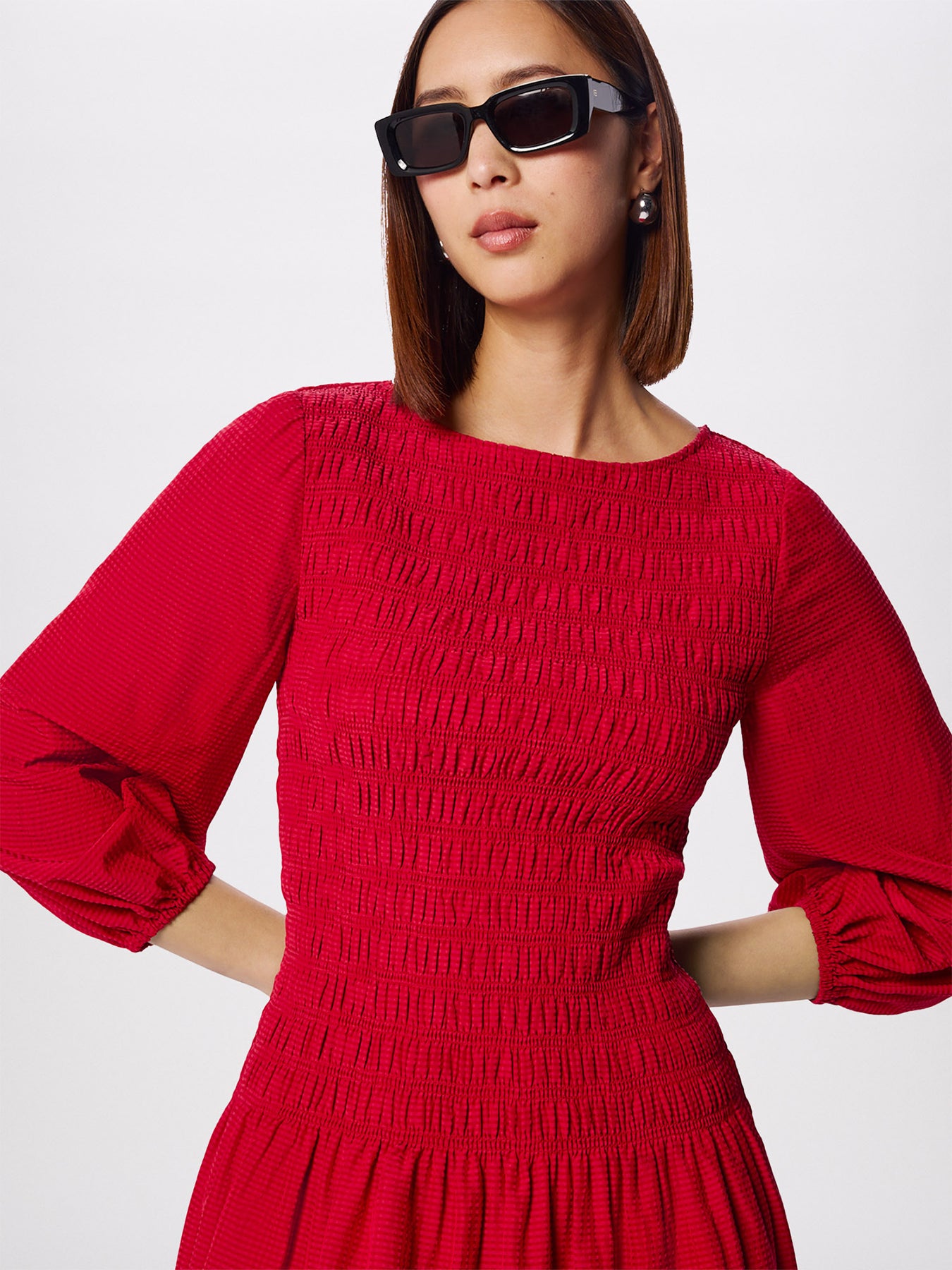 Wide Spaced Shirred Dress Red